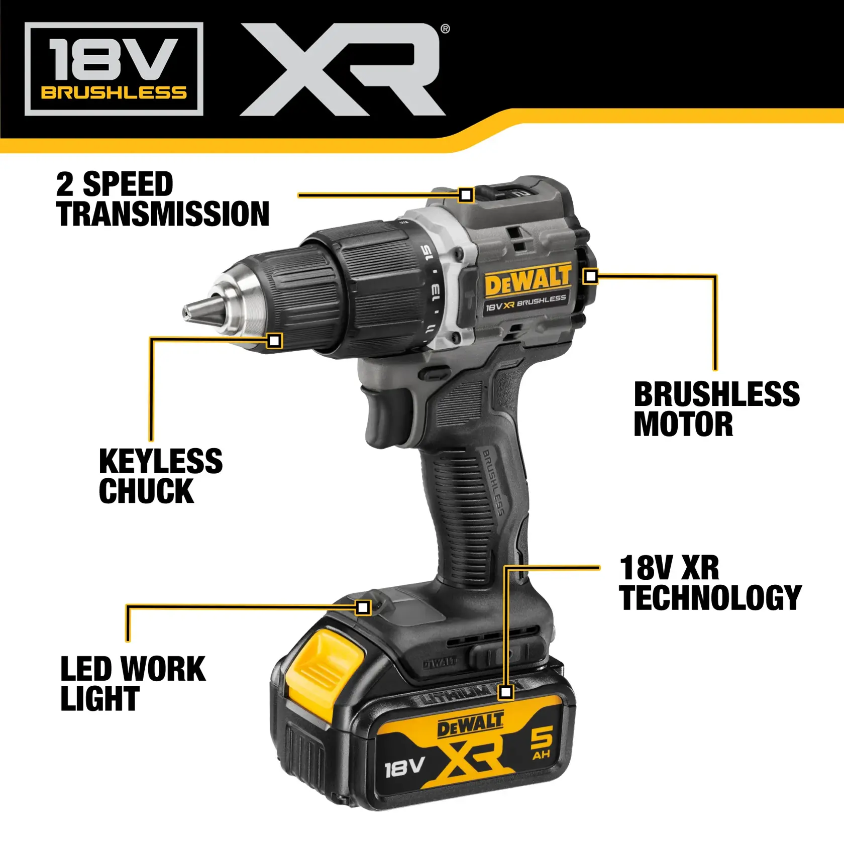 DEWALT® 18V XR® Brushless 100 Year Hammer Drill Driver - 2 X 5AH
