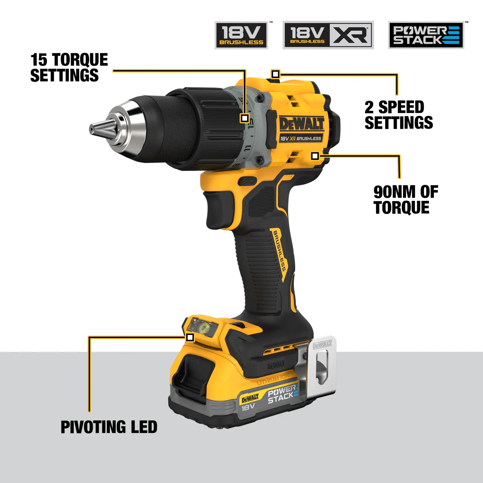 DEWALT® 18V XR® Brushless Drill Driver - 2 X 1.7Ah POWERSTACK™ Batteries