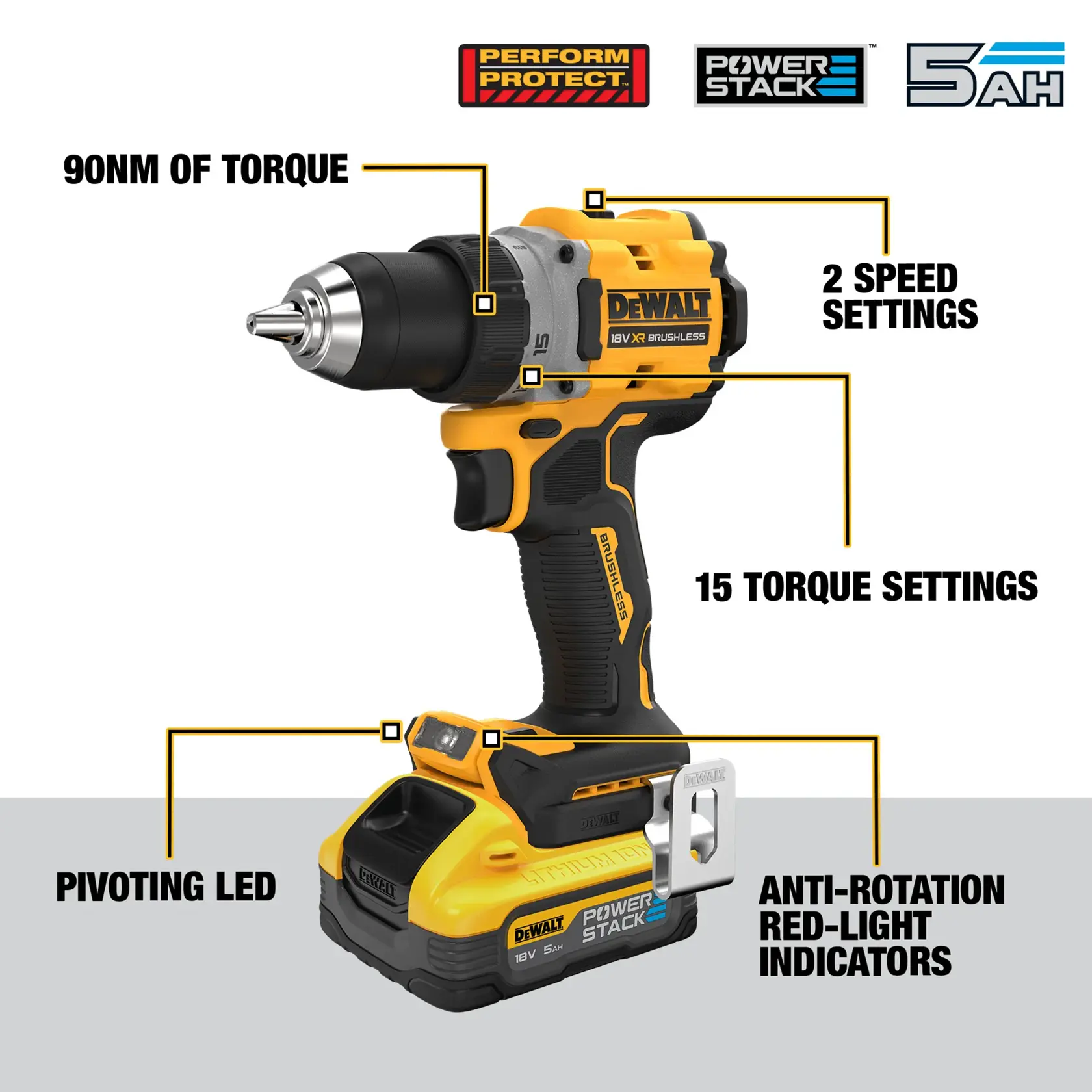 DEWALT® 18V XR® Brushless Drill Driver - 2 X 5Ah POWERSTACK Batteries