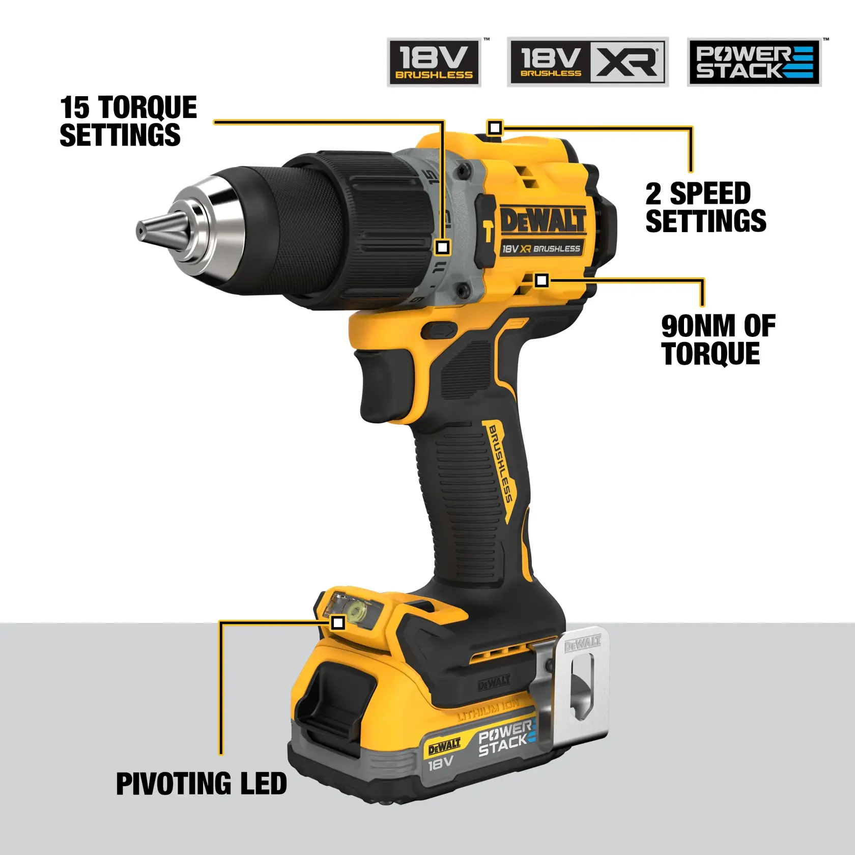 Image of a DEWALT 18V XR Brushless cordless drill driver with Powerstack battery. The drill features include 15 torque settings, 2 speed settings, 90Nm of torque, and a pivoting LED light. Labels highlight each feature, and DEWALT branding and battery details are visible.