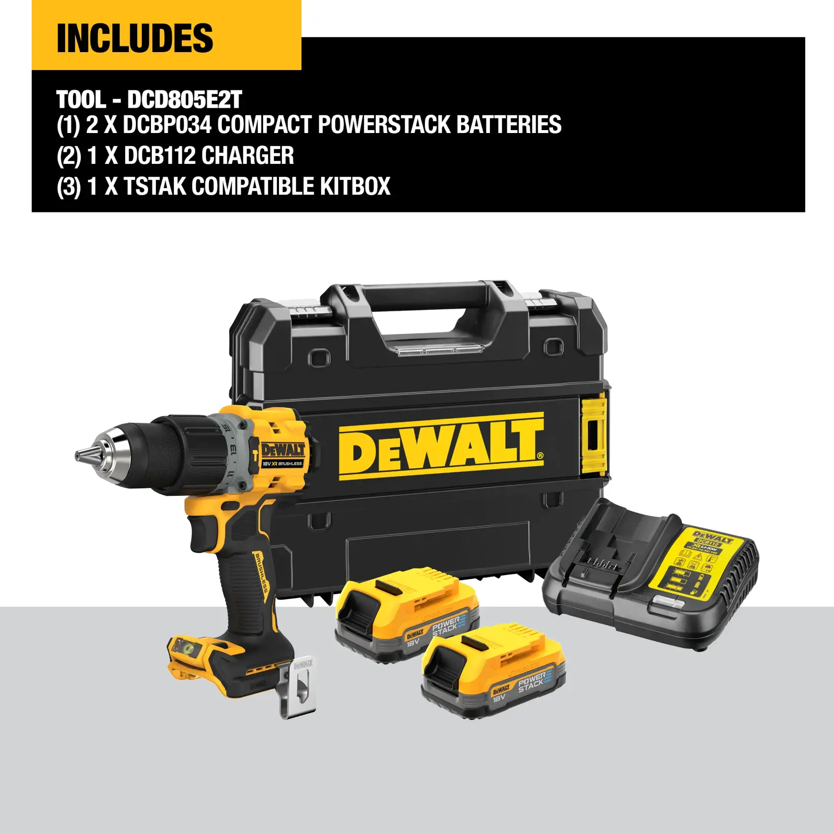 DEWALT DCD805E2T cordless drill set, shown with two DCBP034 Powerstack compact batteries, a DCB112 charger, and a TSTAK-compatible kit box. All items are displayed with prominent DEWALT branding.