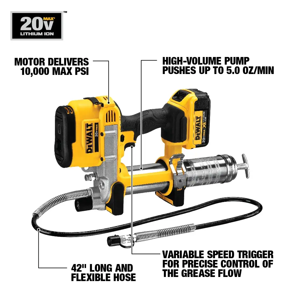 A person using a DEWALT DCGG571M1 grease gun in an industrial setting. The tool is yellow and black, and the text indicates the motor delivers up to 10,000 max PSI.