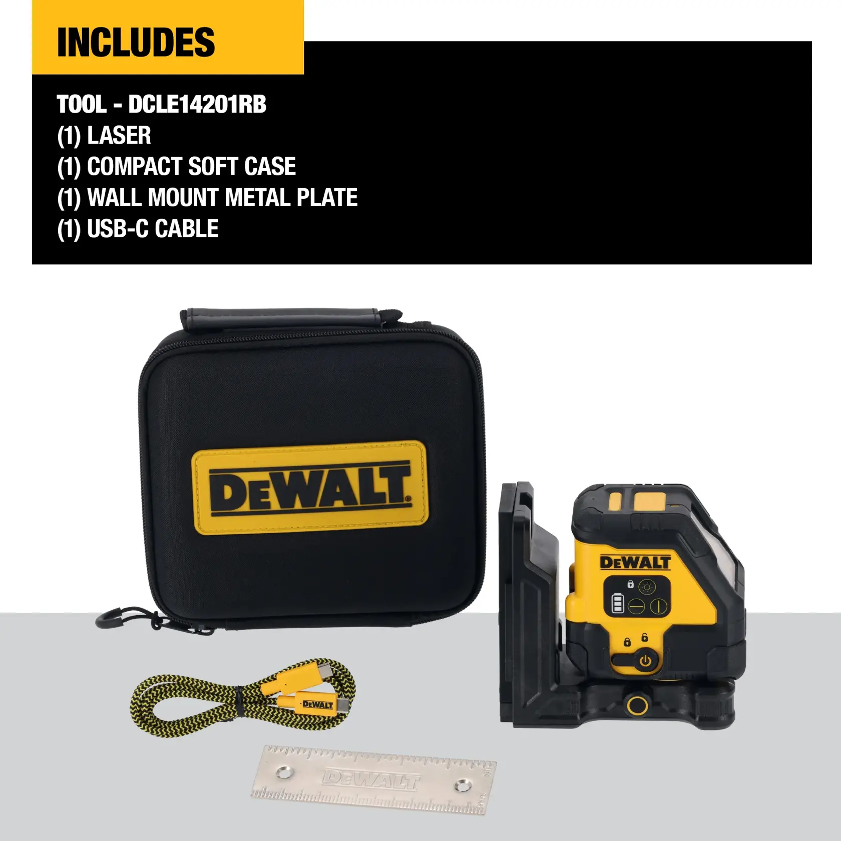 DEWALT DCLE14201RB laser kit with soft case, metal plate, USB-C cable, and accessories shown.