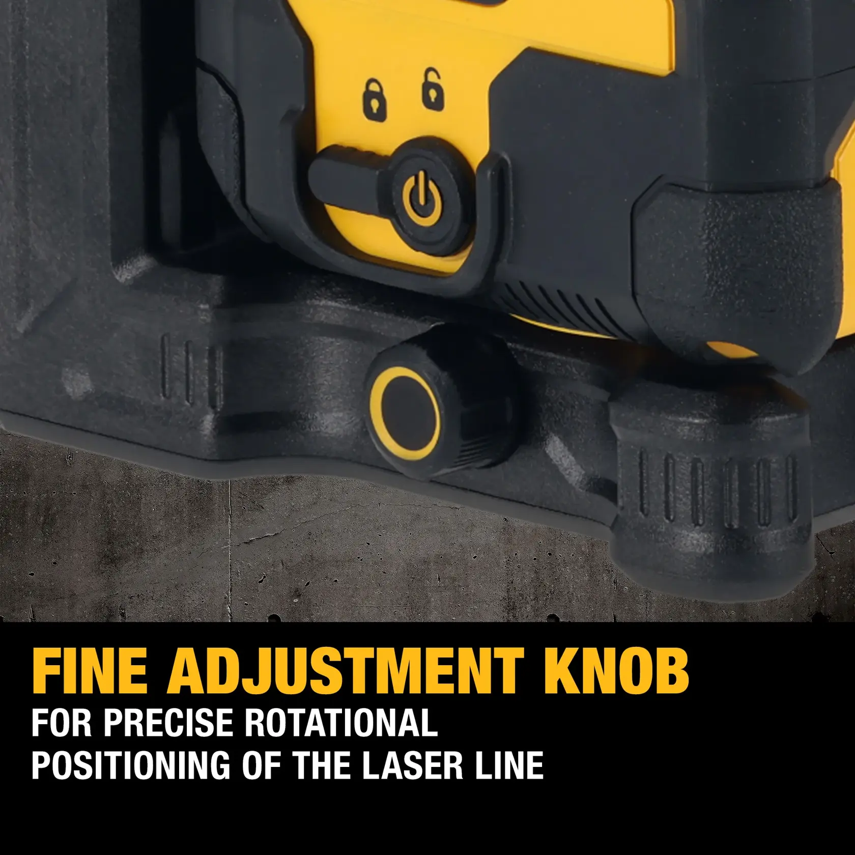 Close-up of DEWALT laser with fine adjustment knob for precise rotational positioning of the laser line.