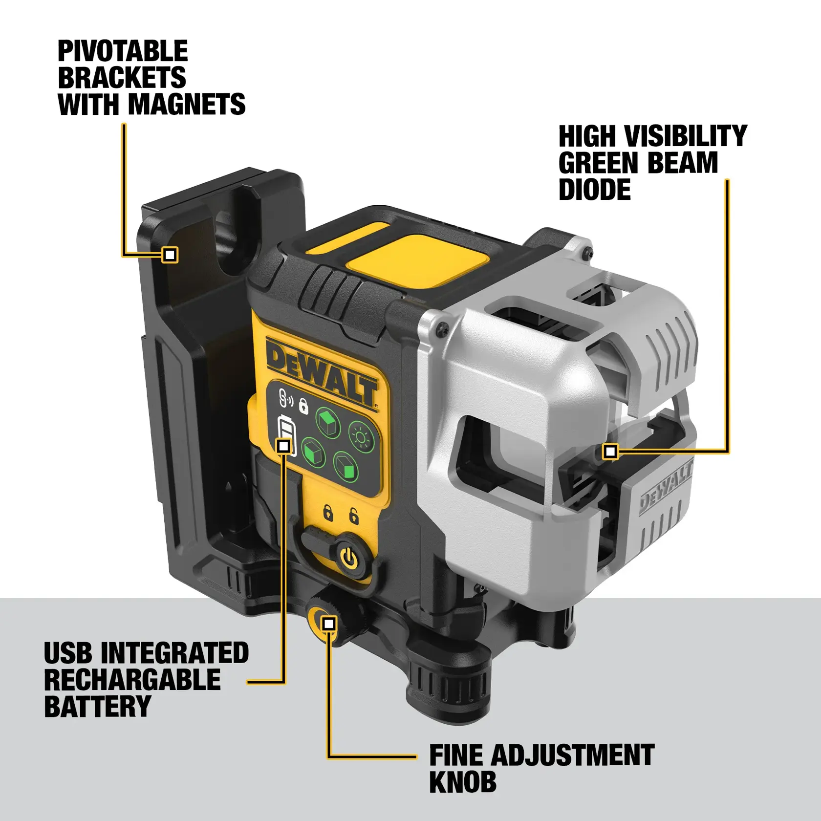 DEWALT-Laser auf Stativ projiziert grüne Linie, Arbeiter markiert Wand auf Baustelle.
