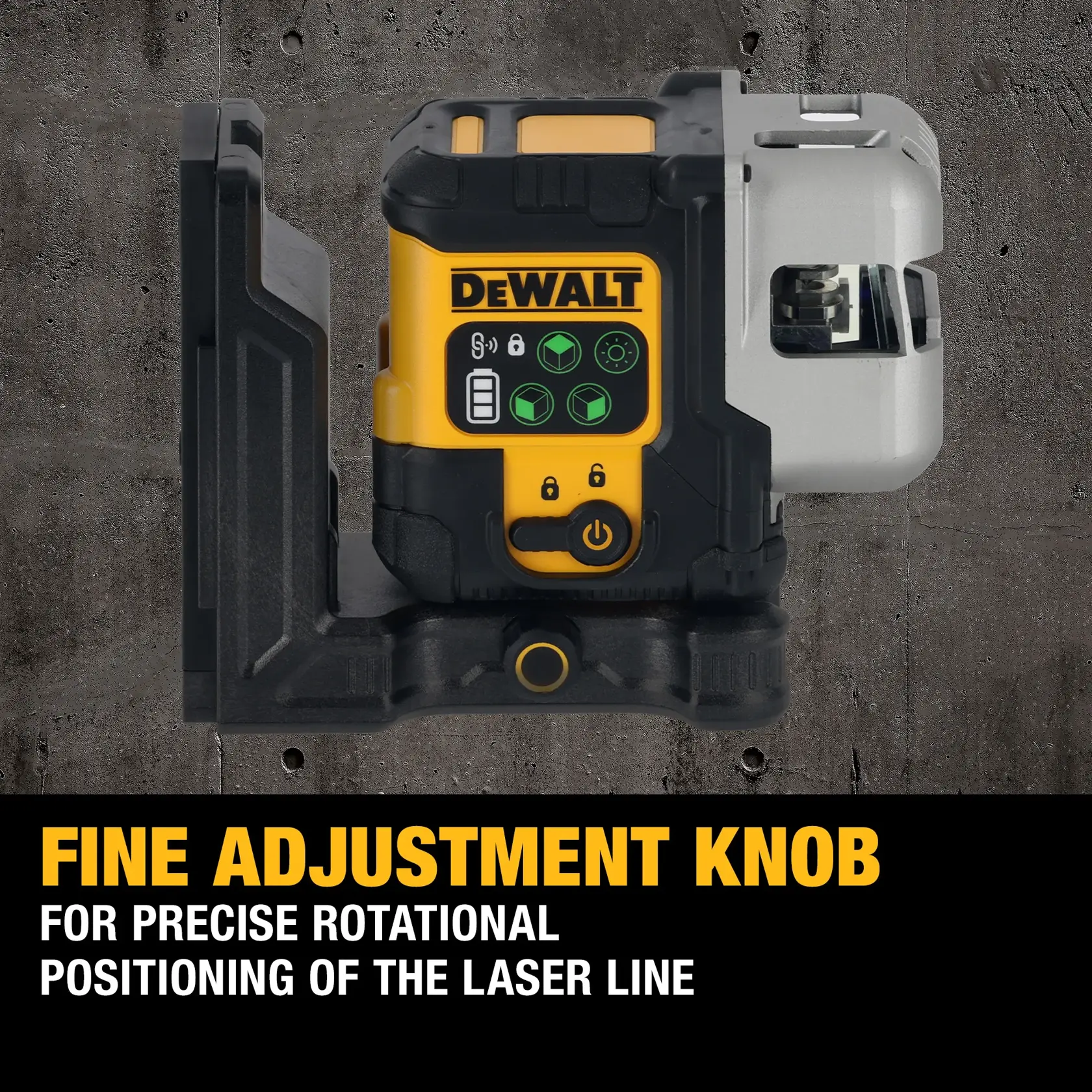 DEWALT-Laser-Nivelliergerät auf Stativ mit grüner Linie in Raum mit Möbelmontage.