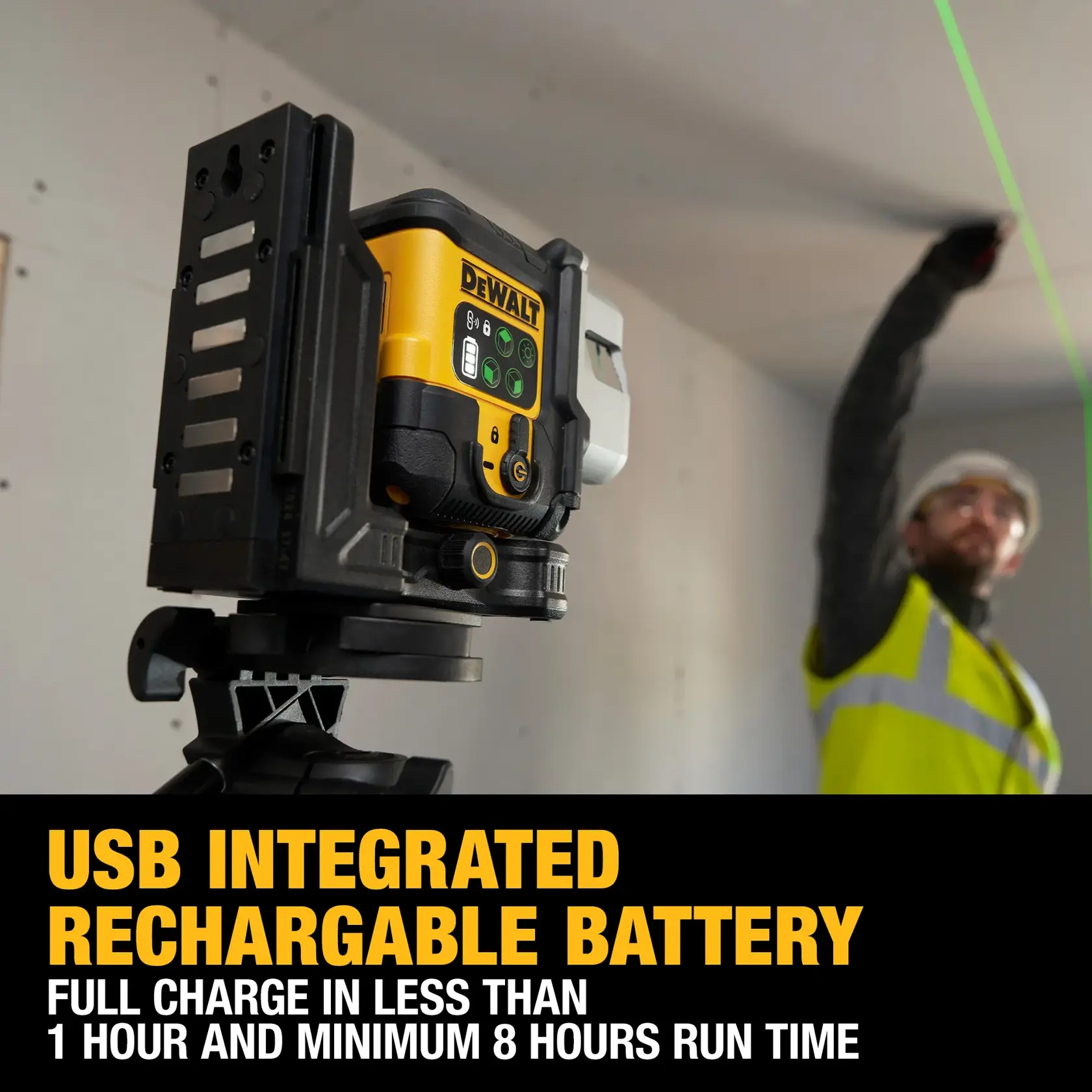 DEWALT laser level kit with a black carrying case, a yellow and black laser level device, a yellow USB cable, and a metal ruler, all displayed together.