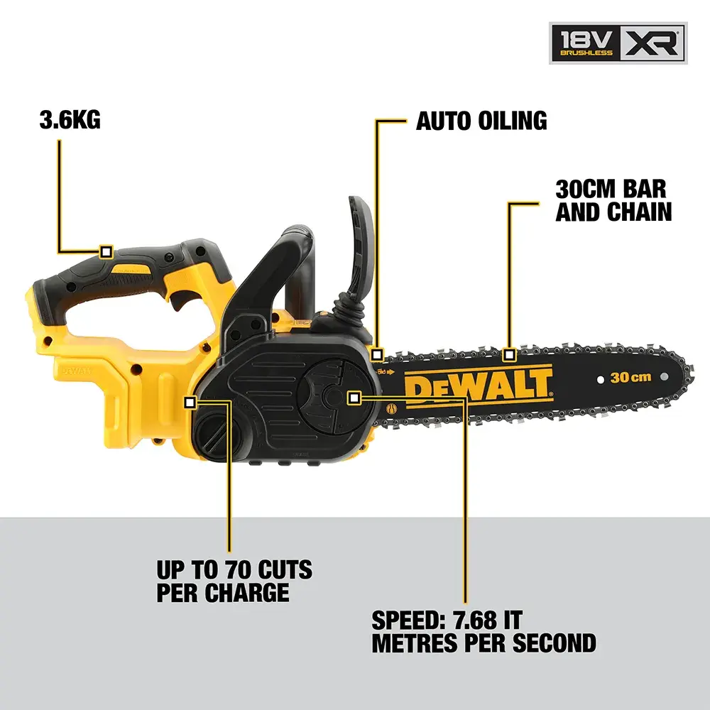 DEWALT® 18V XR® Brushless 30cm Compact Chainsaw (Tool Only)