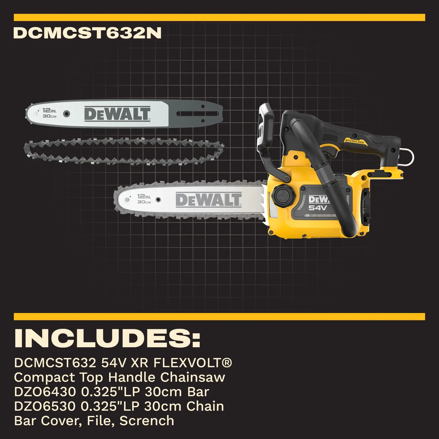 DEWALT DCMCST632N 54V chainsaw kit with saw, chain, bar, cover, file and wrench, shown on a dark grid background.