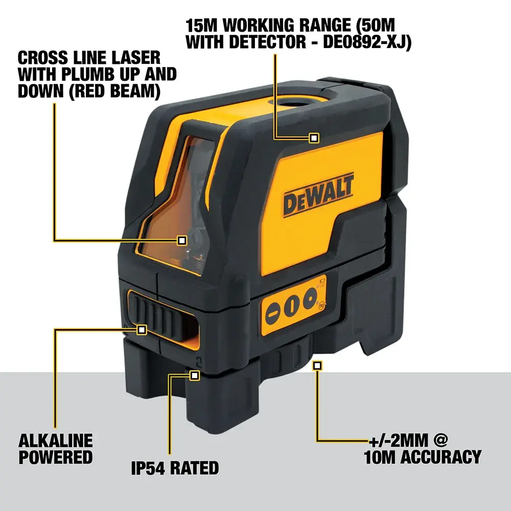 DEWALT DW0822CG, DW0822 tool used for layout work on a construction floor with steel framing visible.
