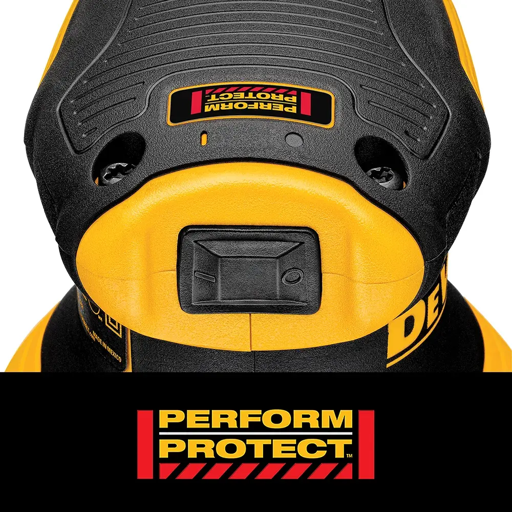 Close-up view of a DEWALT power tool with a black and yellow design, showing a 'PERFORM PROTECT' label in red and yellow on the tool and below it.