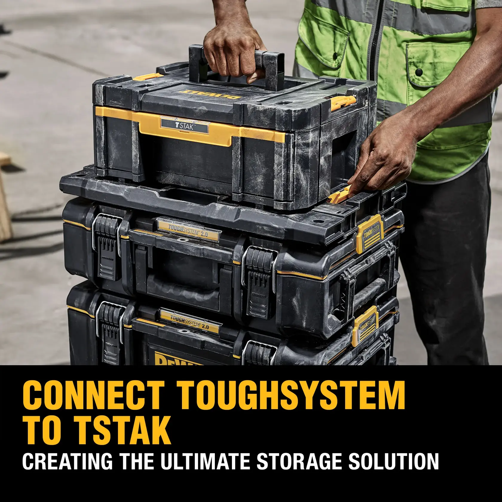 DEWALT ToughSystem 2.0 Werbegrafik mit dem Slogan 'Storage Built to Handle It' in großen, gelben Buchstaben auf einem dunklen, strukturierten Hintergrund.
