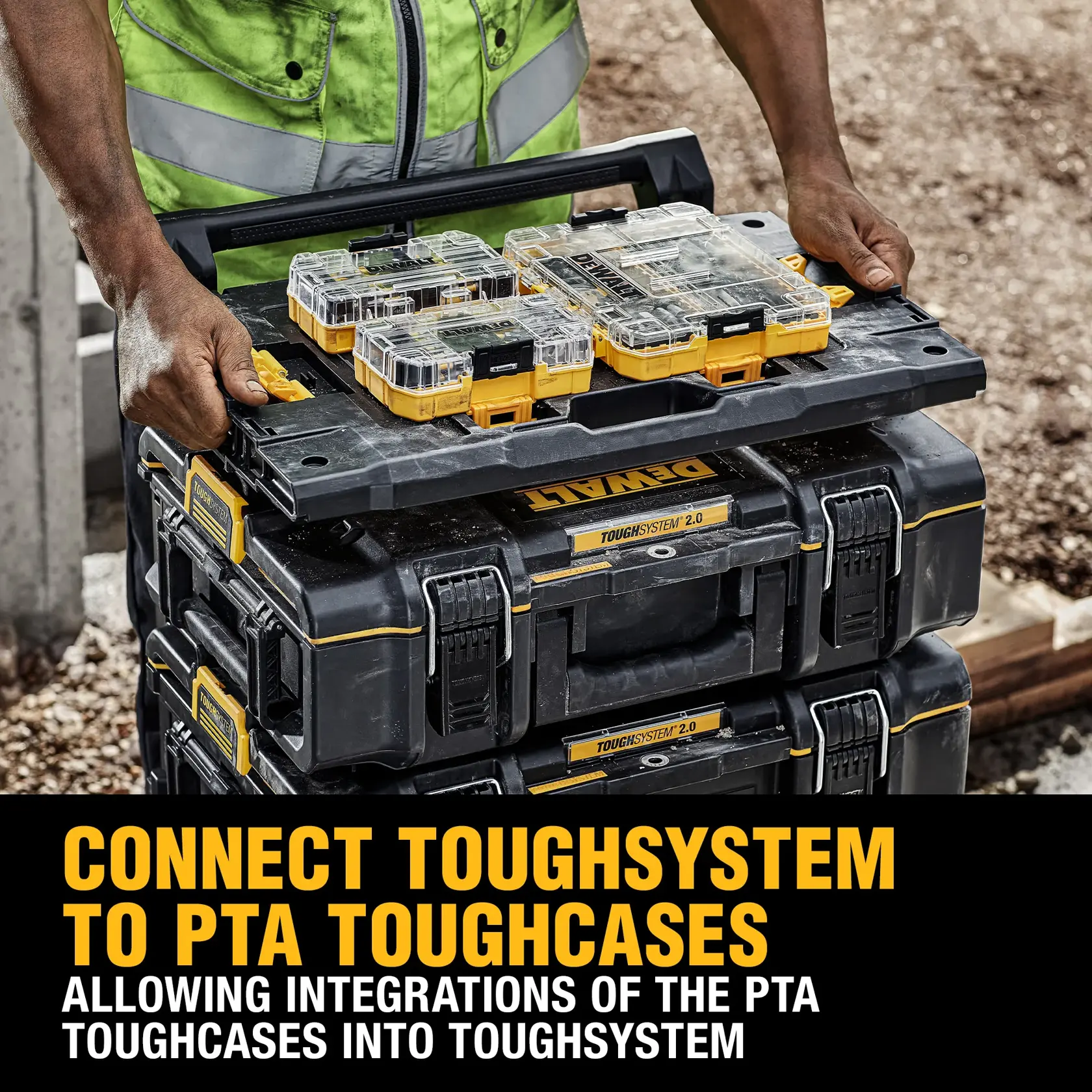 DEWALT ToughSystem 2.0 black tool storage box with yellow latches and handle, shown from the top view.