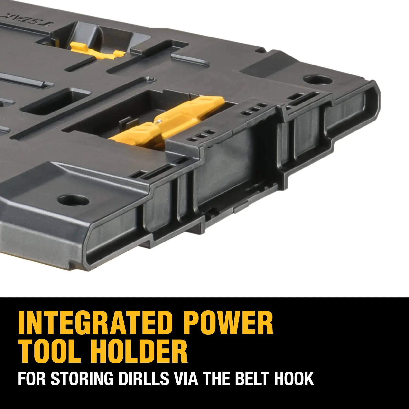 Flat black DEWALT photography case with yellow accents, durable plastic, secure latches, designed for tool storage.