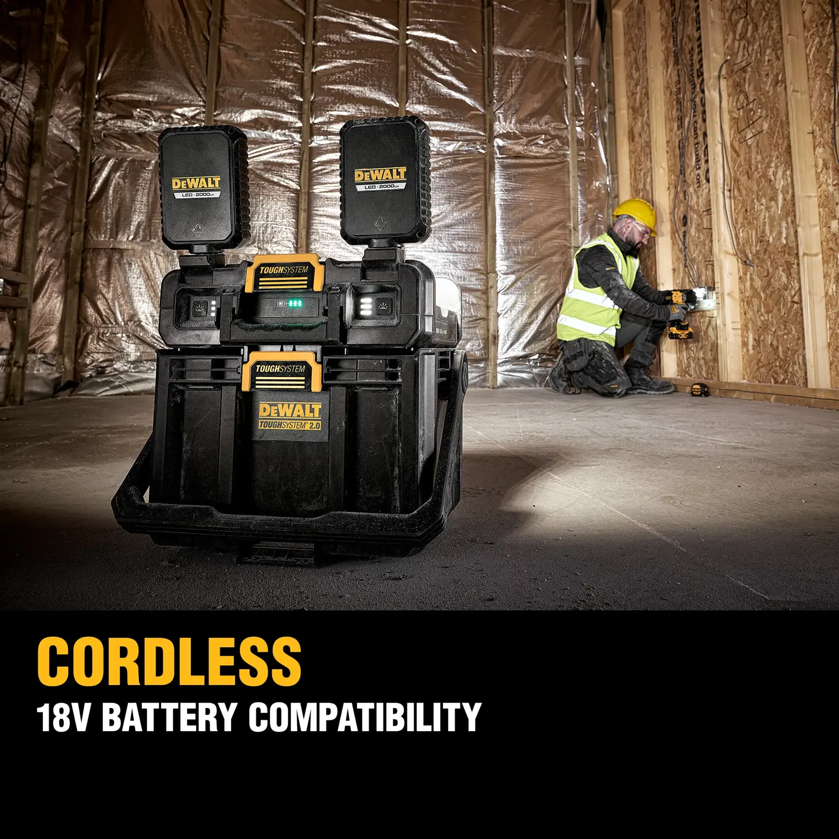 DEWALT ToughSystem 2.0 promotional graphic with the slogan 'Storage Built to Handle It' in large, bold yellow lettering on a dark, textured background.