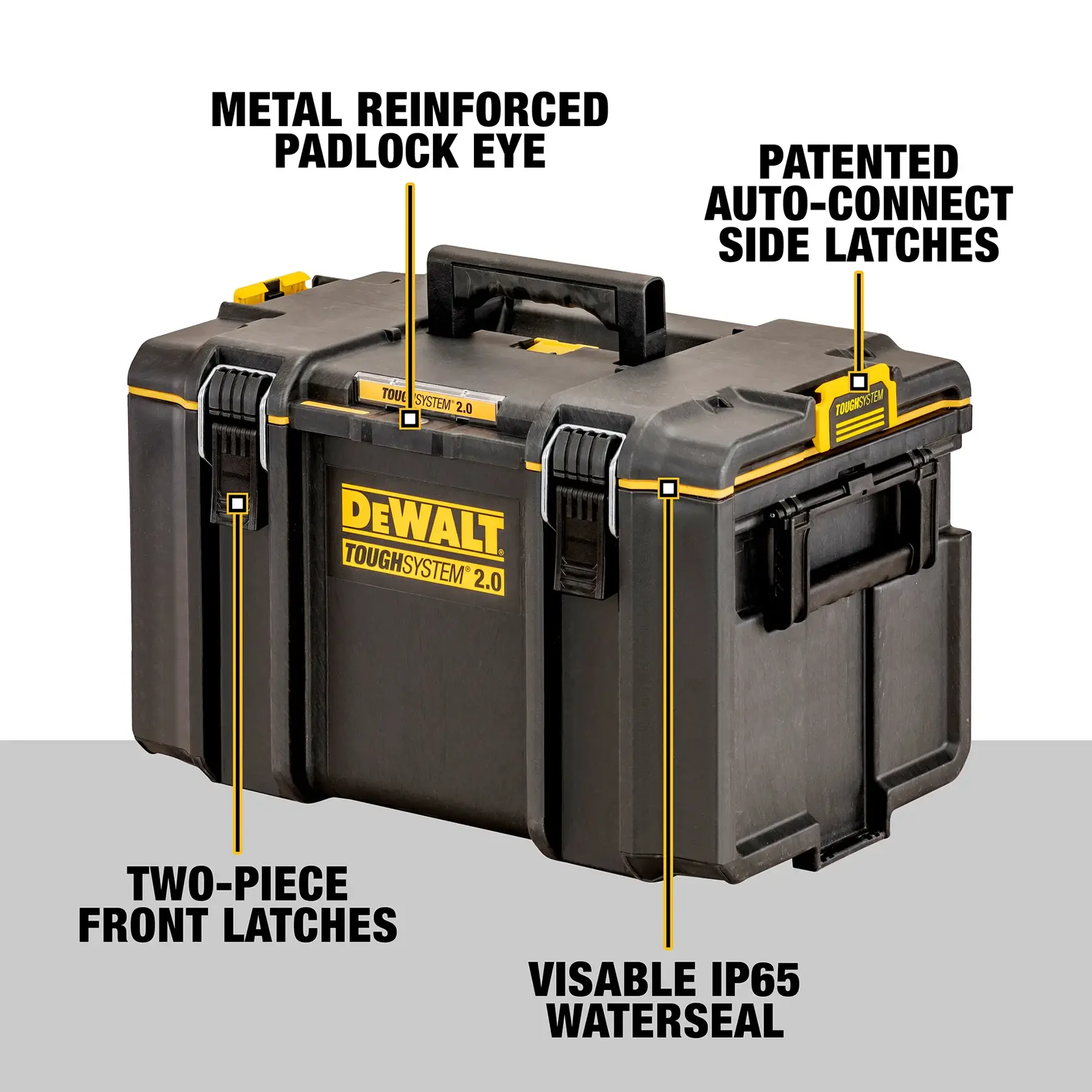 DEWALT ToughSystem 2.0 toolbox with reinforced padlock eye, front latches, side latches, and visible IP65 waterseal.