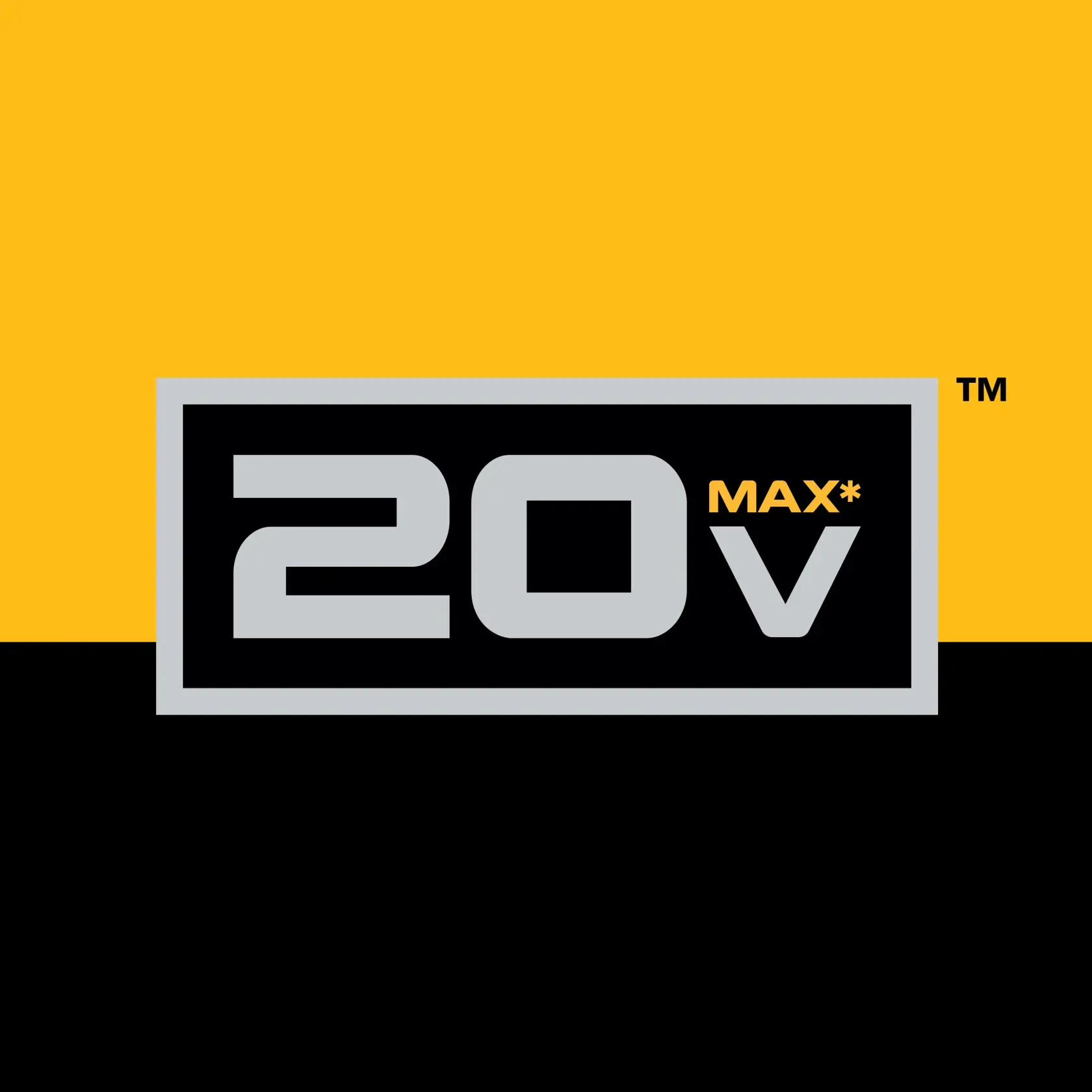 Graphique DEWALT affichant '20V MAX*' en grandes lettres grises et jaunes à l'intérieur d'un rectangle noir et gris, avec un fond jaune et noir.