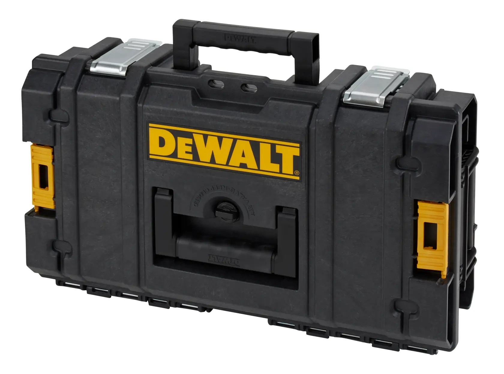 A black DEWALT hard plastic toolbox with a central handle, two metal latches at the top, and yellow accents on the sides. The DEWALT logo is prominently displayed on the front.