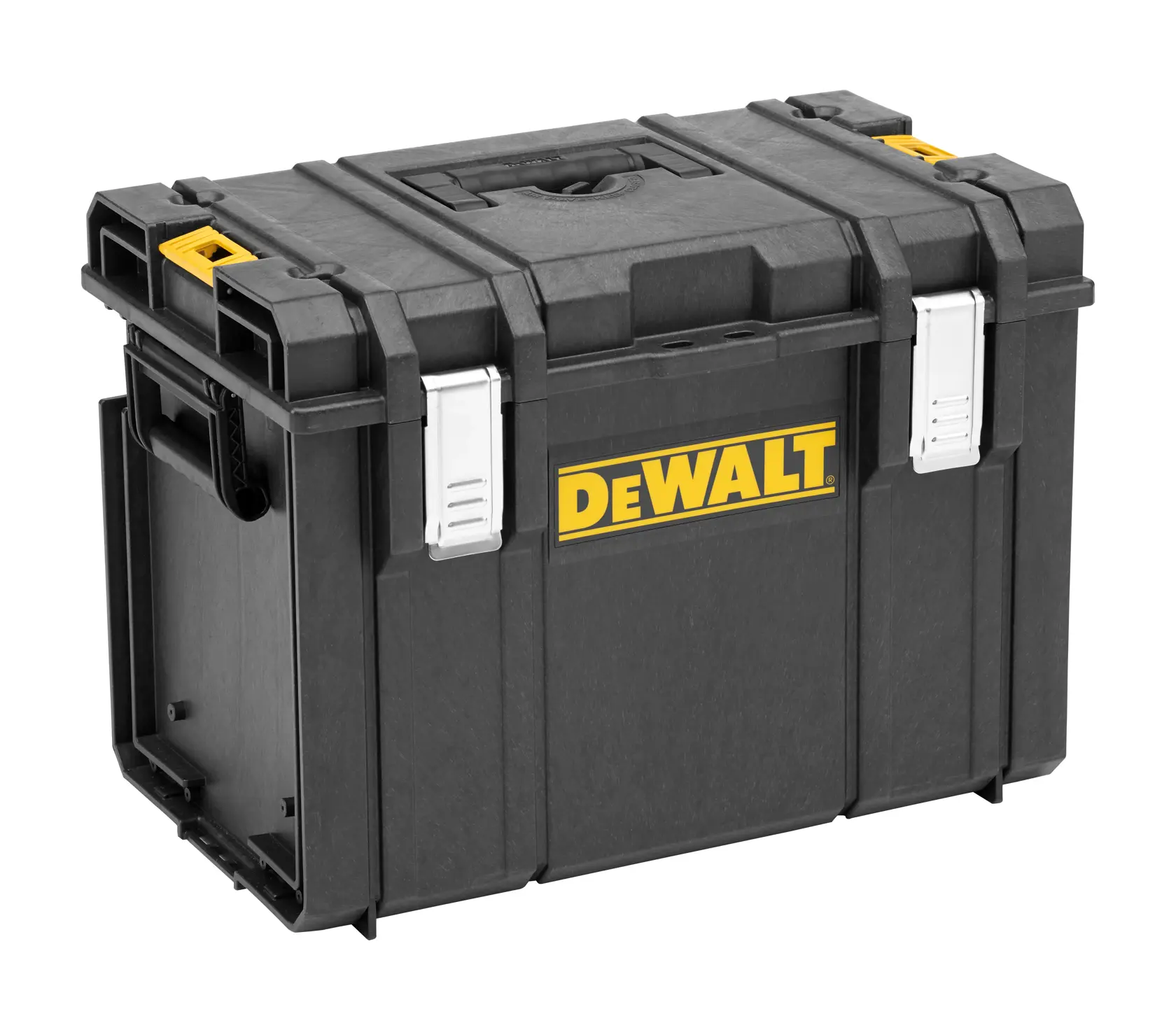 A black DEWALT storage case with silver latches and yellow accents, designed for organizing and protecting tools or equipment.