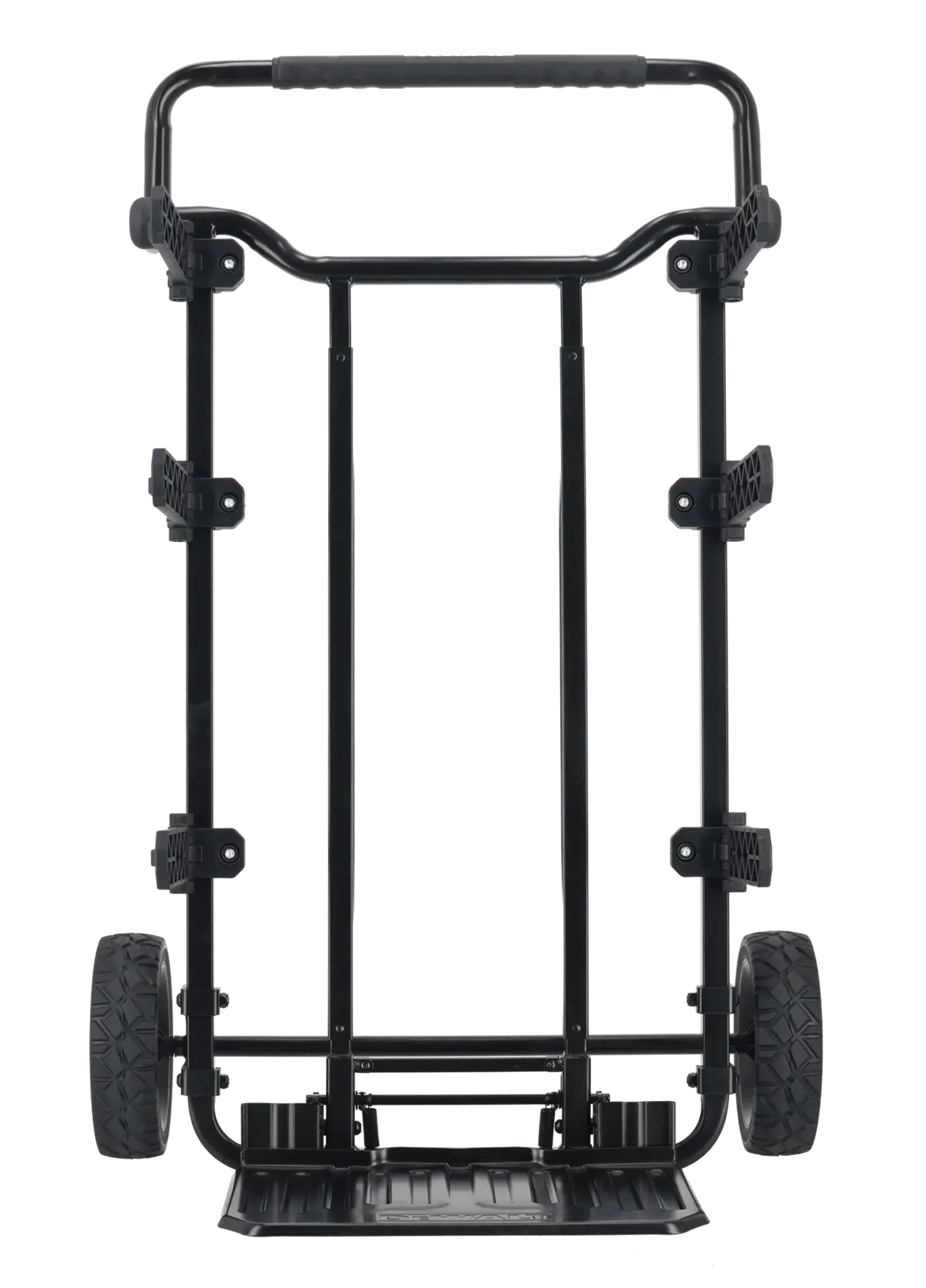 A black DEWALT hand truck with two large wheels and a flat base for carrying items, shown facing forward against a white background.