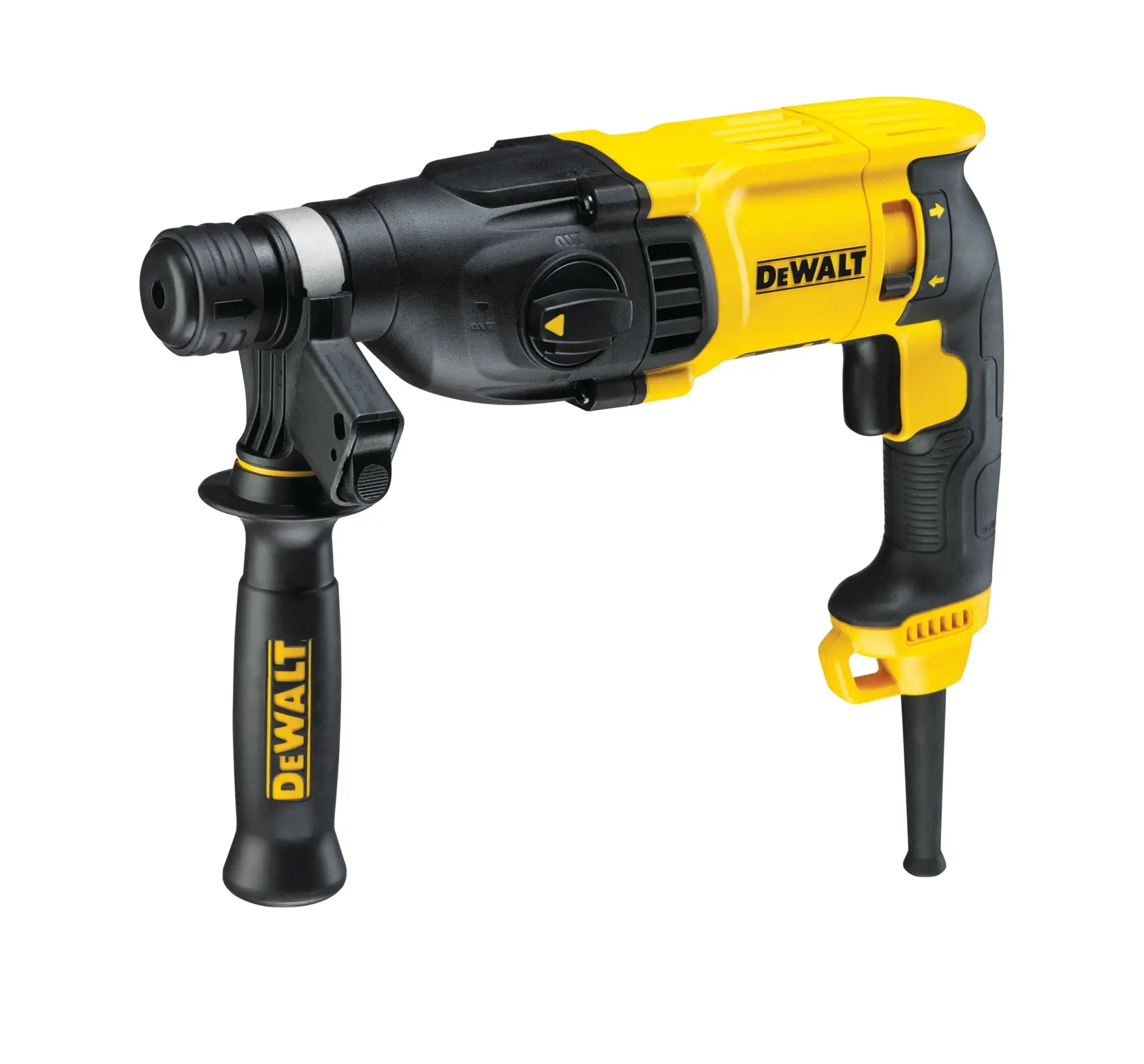 A yellow and black DEWALT corded rotary hammer drill with an ergonomic handle and auxiliary side grip, shown against a white background.