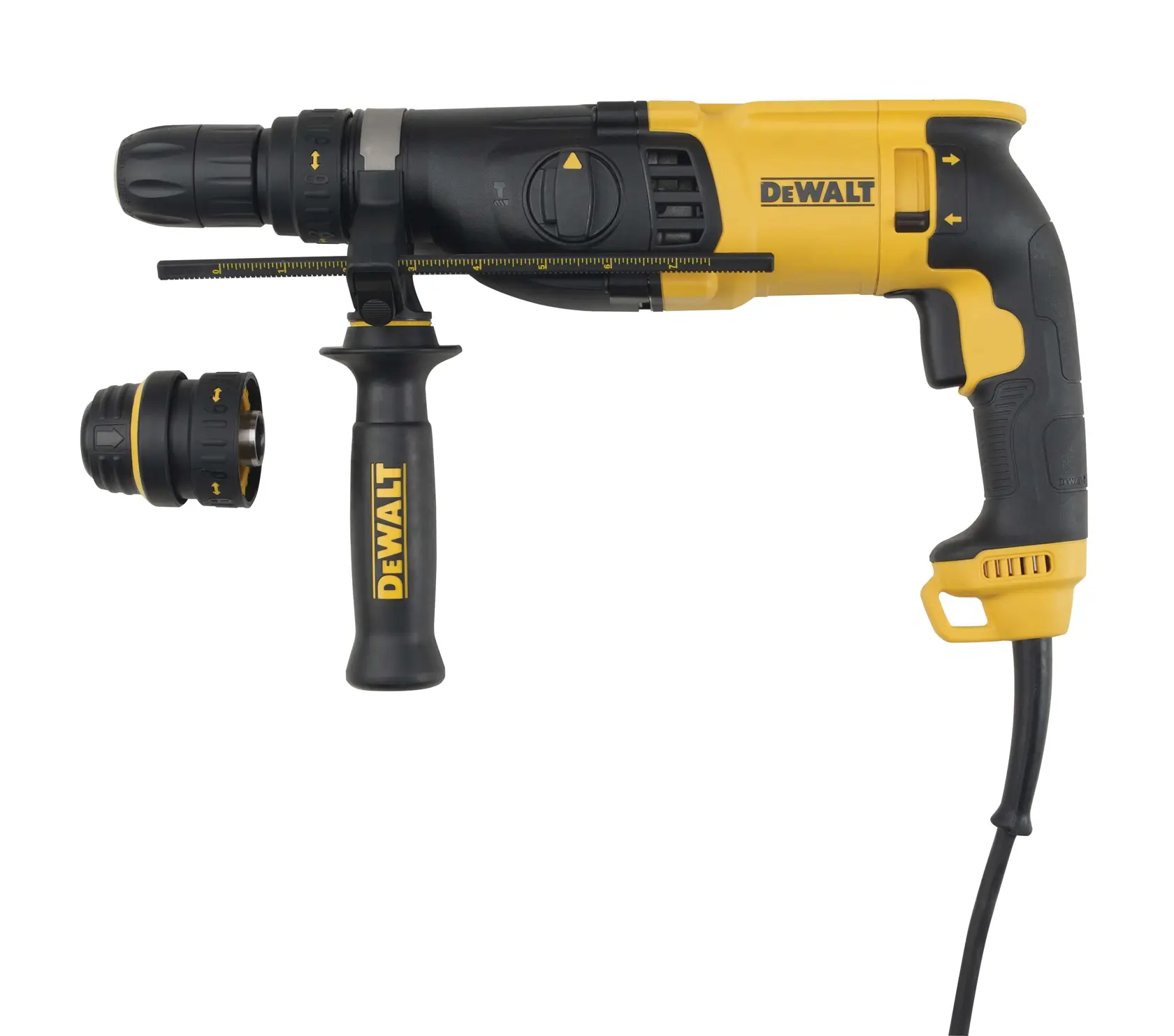 A yellow and black DEWALT corded rotary hammer drill with a side handle and depth gauge, shown alongside an additional interchangeable chuck attachment.