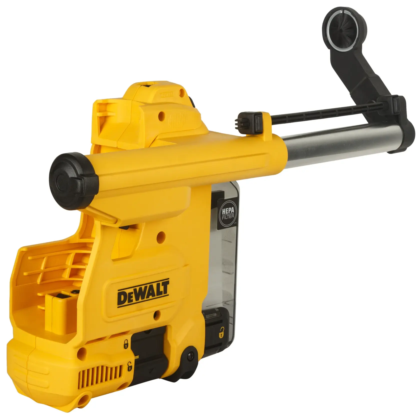 DEWALT D25304DH yellow dust extraction attachment with HEPA filter for rotary hammer drills.
