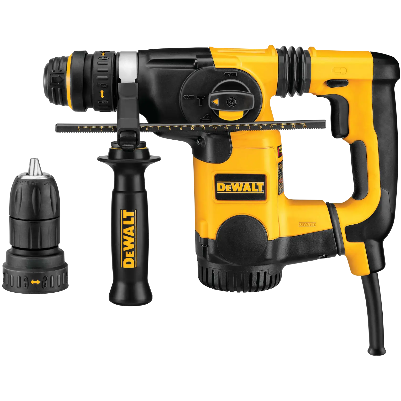 A DEWALT D25324K rotary hammer drill with a detachable side handle and an additional drill chuck attachment, shown against a white background.