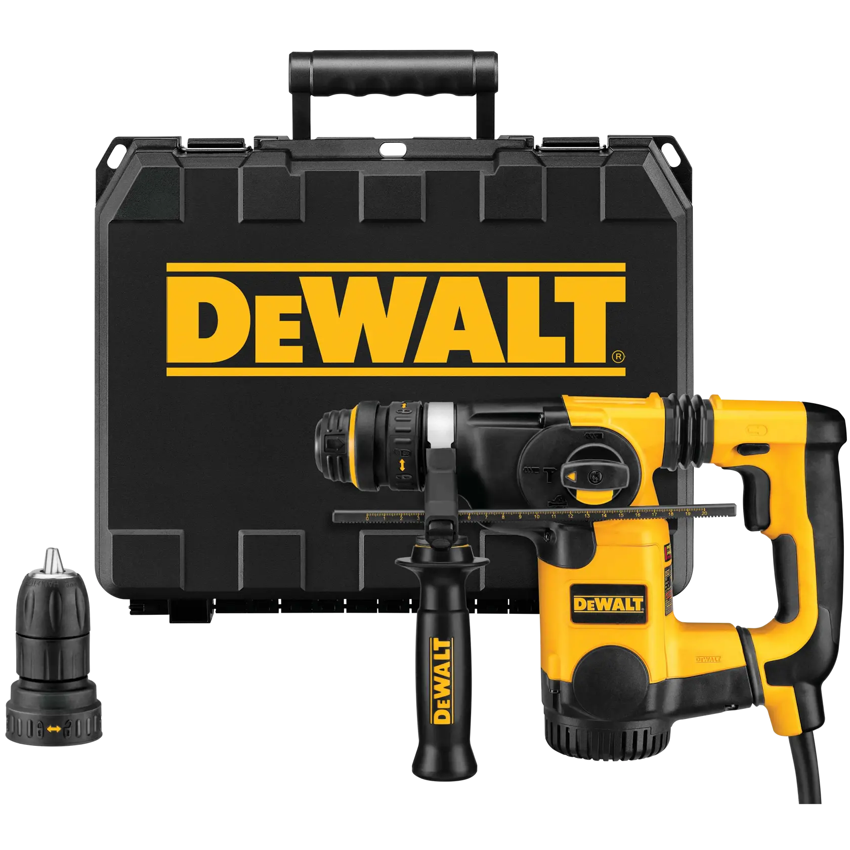 DEWALT rotary hammer drill kit, featuring a yellow and black rotary hammer drill with side handle, a black carrying case with DEWALT logo, and an additional drill attachment.