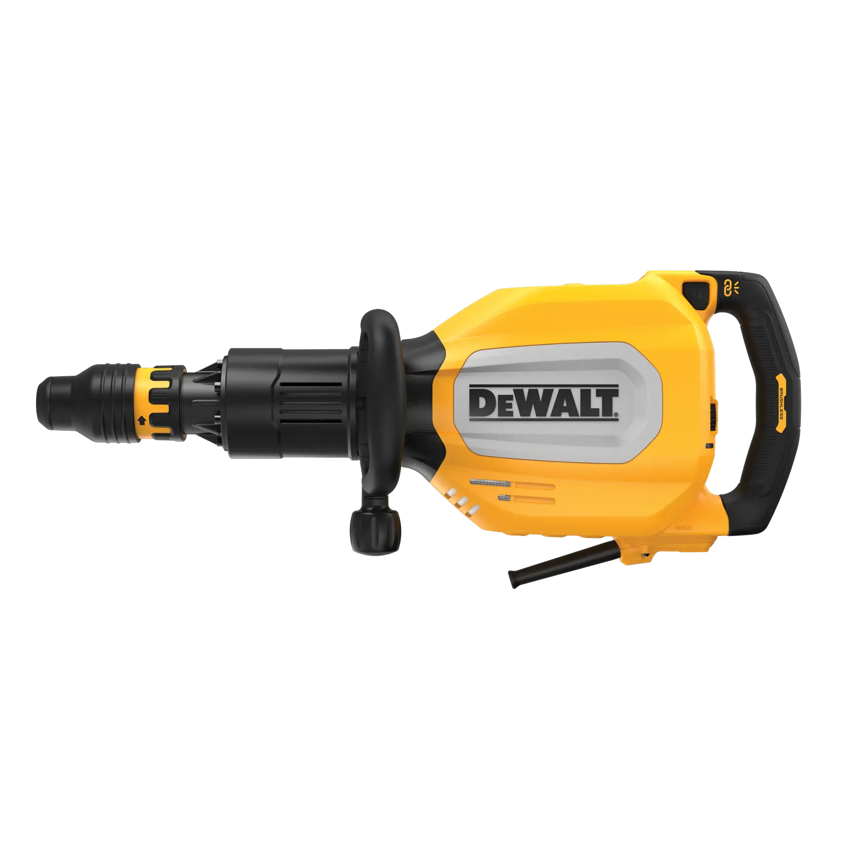 DEWALT electric demolition hammer with yellow and black casing and side handle.