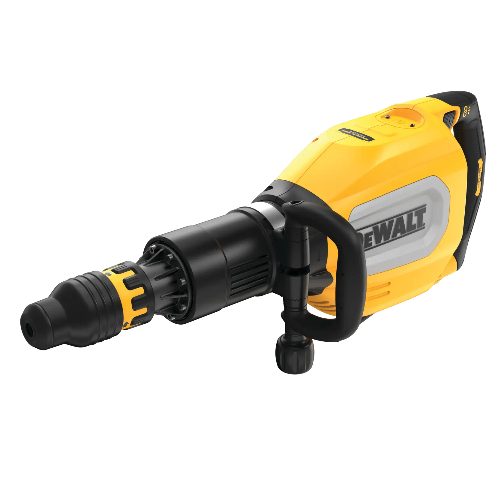 Yellow DEWALT demolition hammer with handle and black front attachment, shown on a white background.