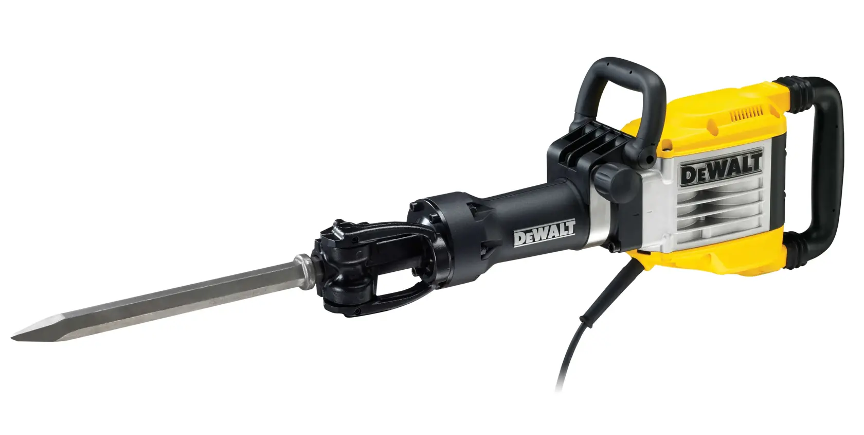 A DEWALT D25960K electric demolition hammer with a yellow and black body and metal chisel bit, designed for heavy-duty construction and breaking concrete.