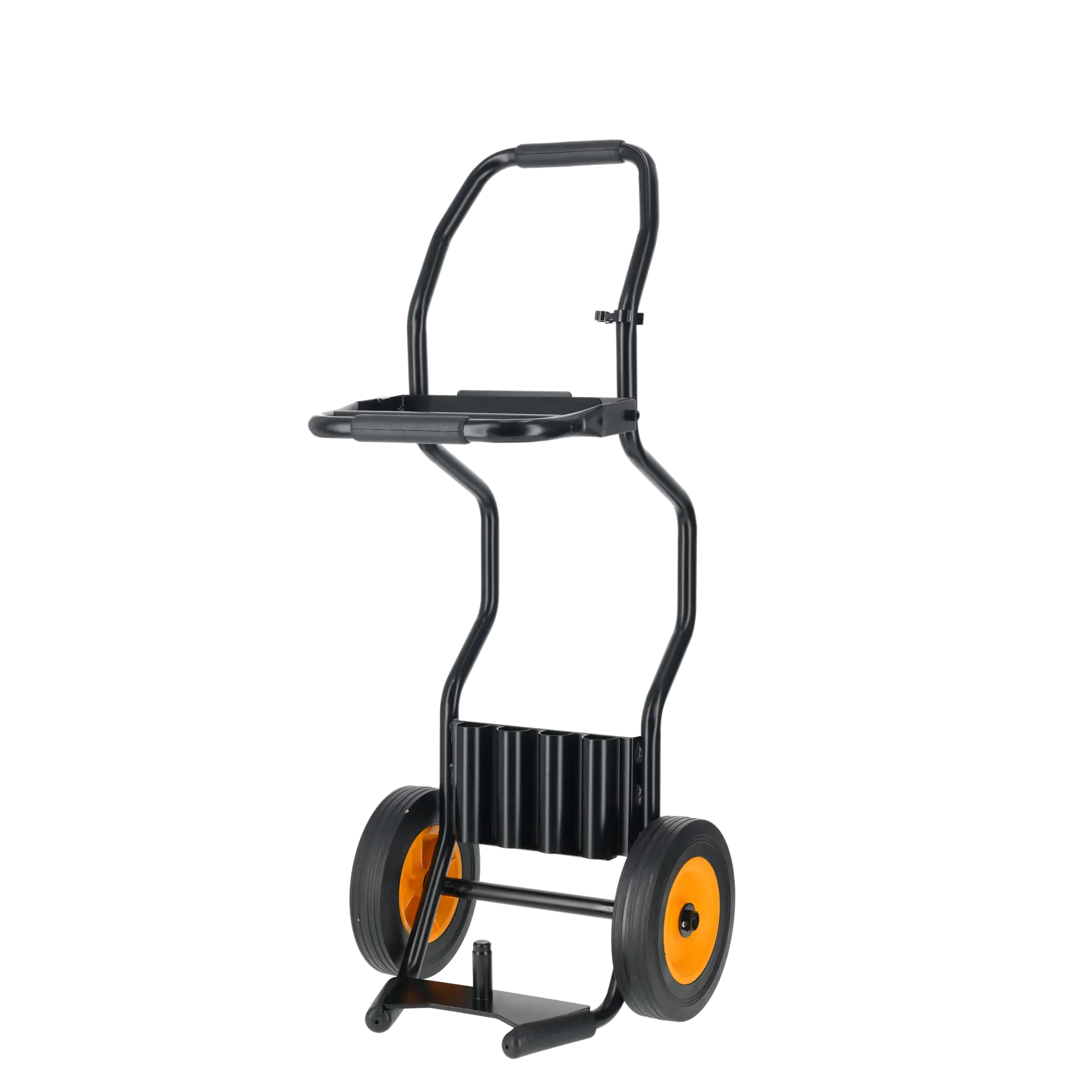 A DEWALT-branded hand truck with a black metal frame and two large wheels, designed for transporting heavy equipment. The wheels have yellow rims and the handle area shows the DEWALT logo.