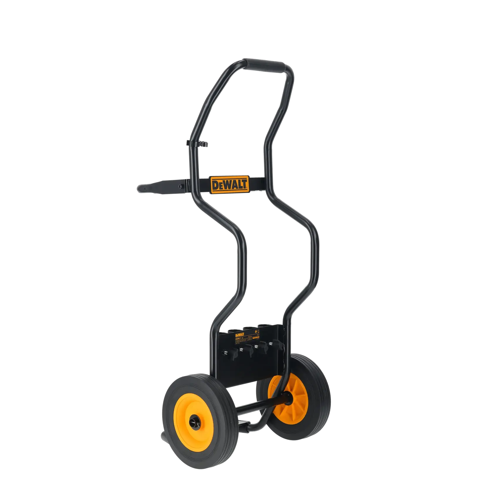 Un chariot à main de marque DEWALT avec un cadre en métal noir et deux grandes roues, conçu pour transporter des équipements lourds. Les roues ont des jantes jaunes et la zone du manche affiche le logo DEWALT.