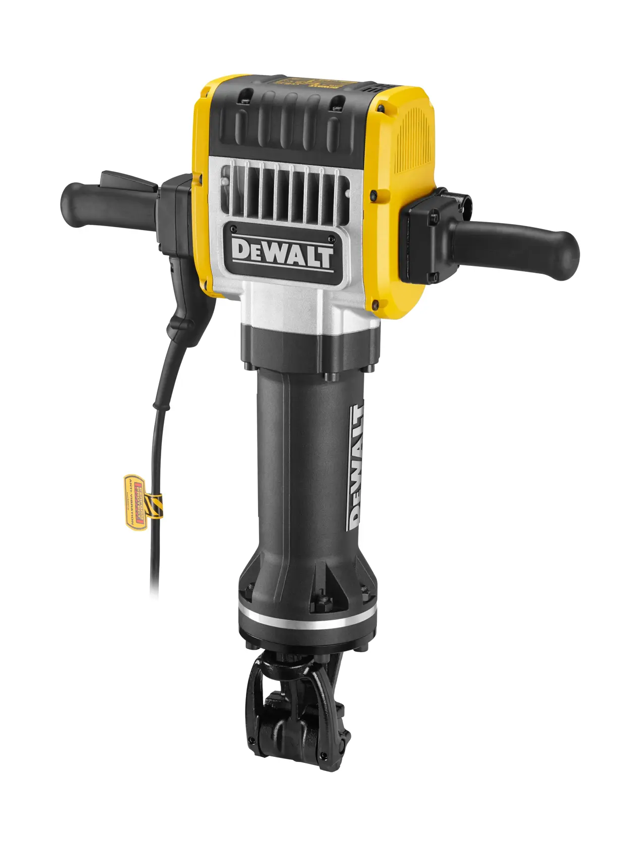 A DEWALT electric demolition hammer with a black and yellow body, two side handles, and a power cord, designed for heavy-duty breaking tasks.