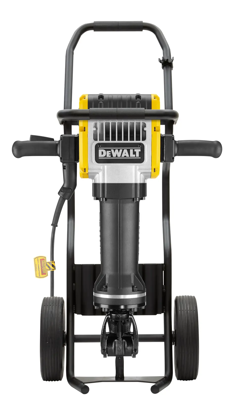 Front view of a DEWALT demolition hammer (model D25981) mounted on a wheeled cart, with handles on both sides and visible power cord, designed for heavy-duty construction work.