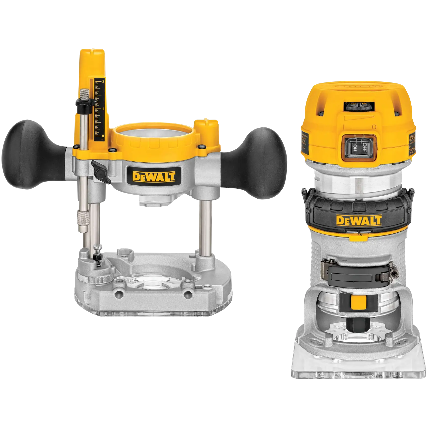 Two DEWALT woodworking routers are shown side by side. The left router has a plunge base with two black handles and a depth adjustment gauge. The right router has a fixed base with a yellow top and DEWALT logo, used for precision wood cutting and shaping.