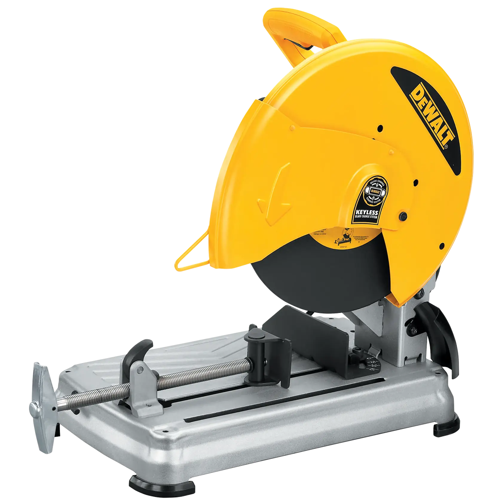 A DEWALT metal cutting saw with a large yellow protective guard, mounted on a sturdy silver base with a clamp for securing materials. The saw is designed for precision cutting of metal workpieces.