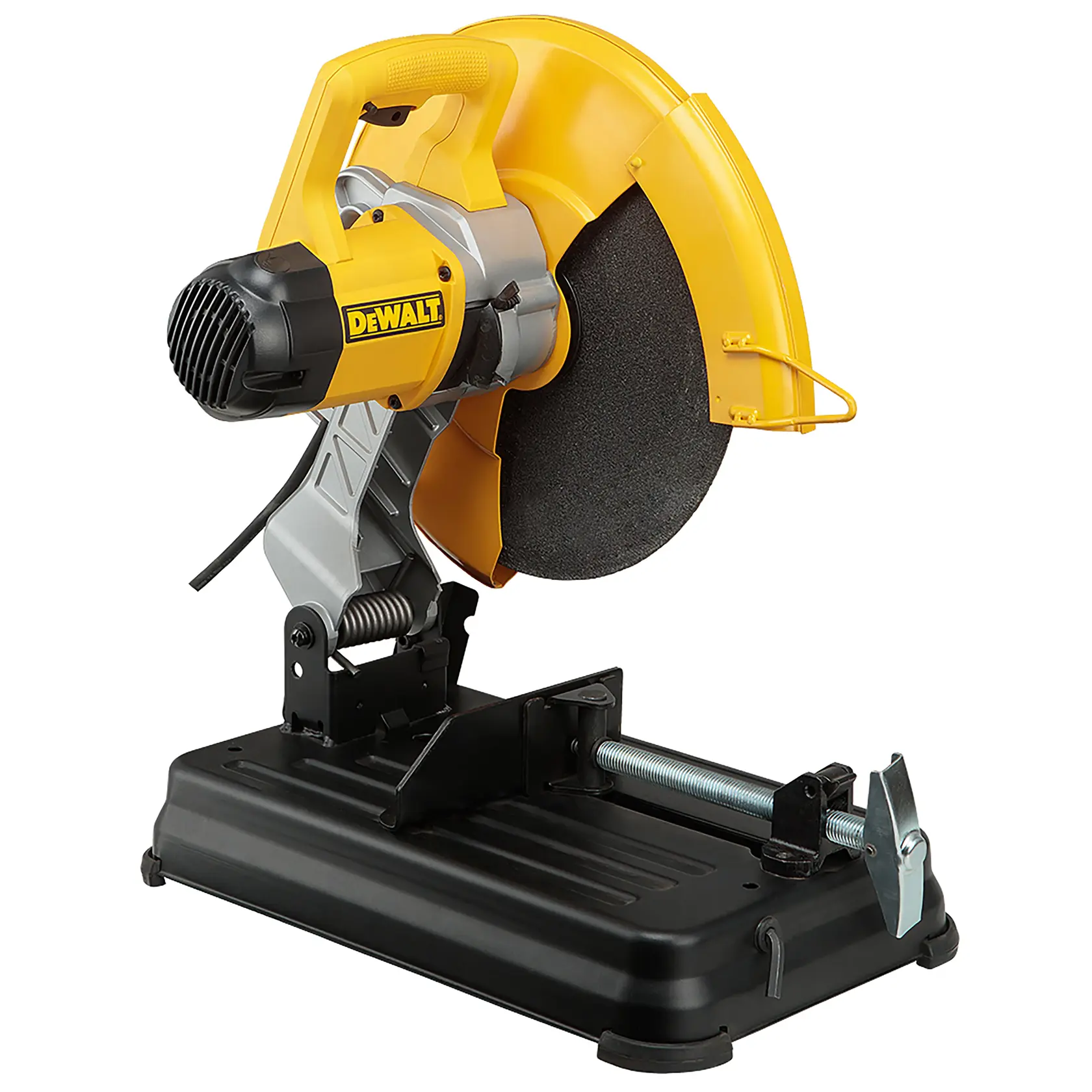 A DEWALT branded portable chop saw with a yellow and black design, featuring a circular cutting blade, a handle, a safety guard, and a sturdy base for metal cutting tasks.