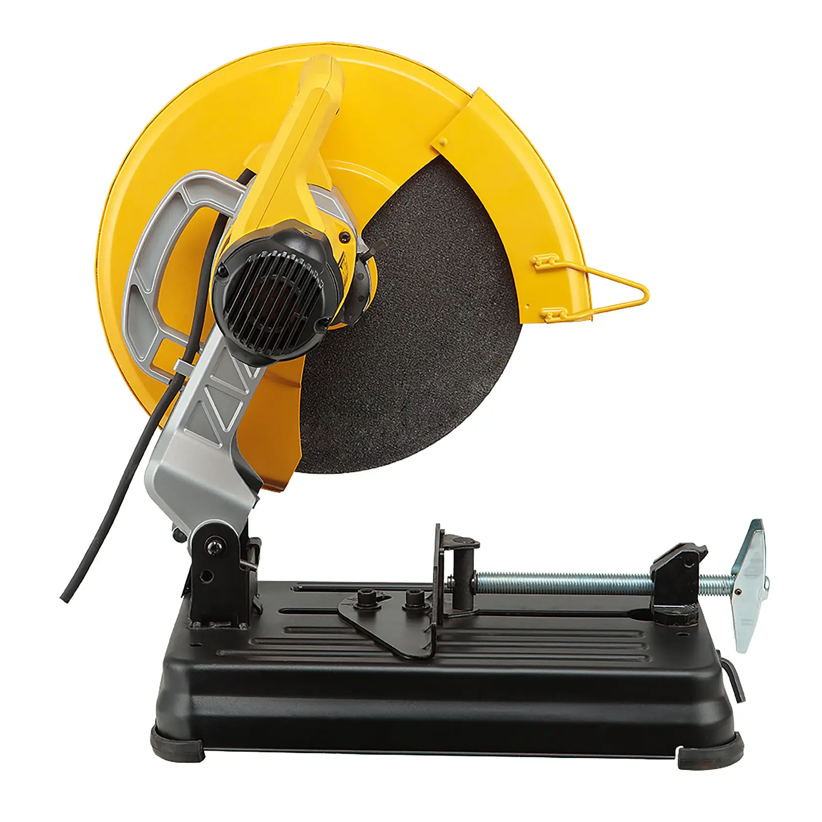 A worker wearing a safety vest and helmet uses a DEWALT D28730-B2 metal chop saw to cut steel pipes in an industrial warehouse. Sparks fly from the cutting area and there are steel pipes and stacked metal materials in the background.