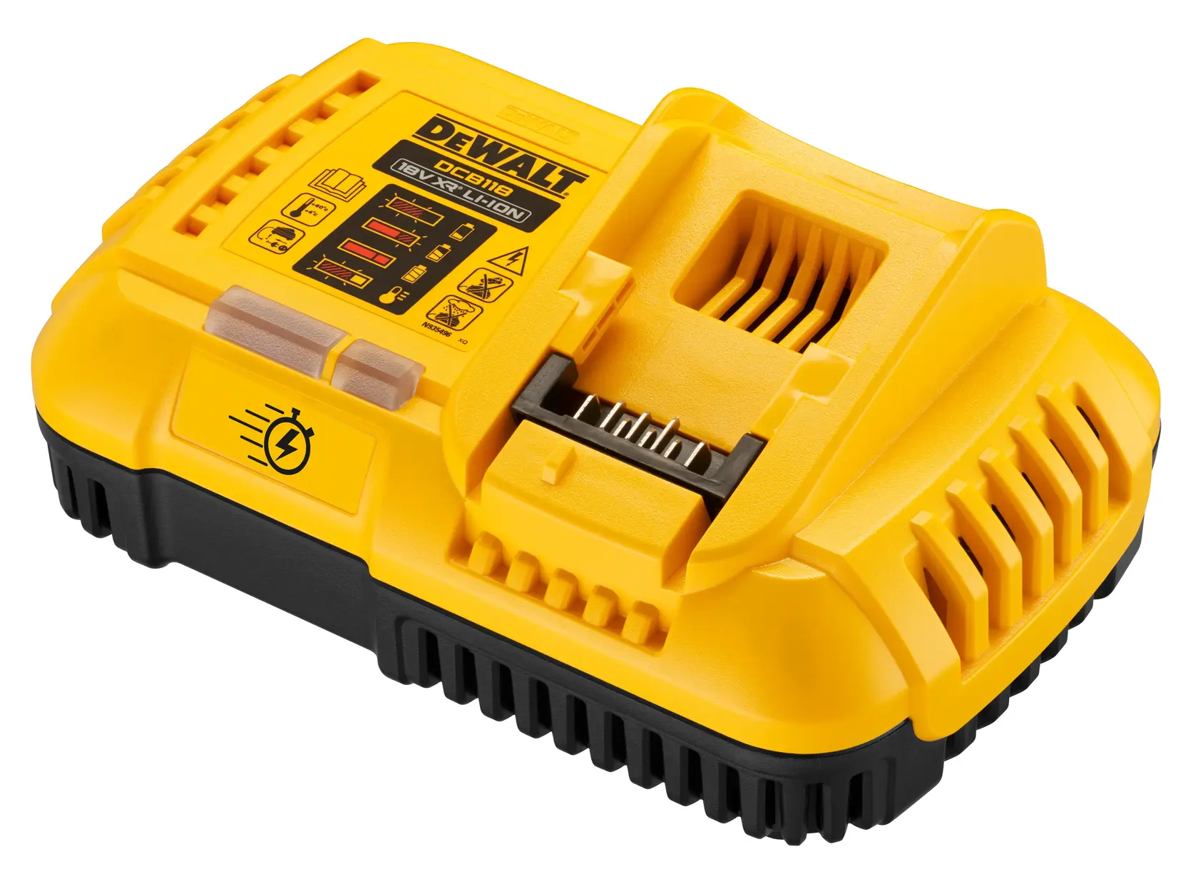 Photo of DEWALT battery charger, yellow, SKUs DCB118XY2T-QW, DCB118, DCB118XY2-QW, DCB118-B1, on white background.