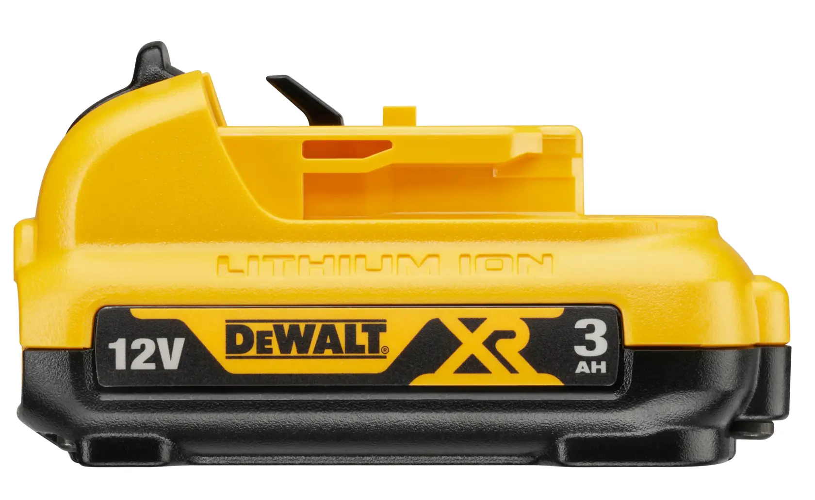 Ein gelb-schwarzer DEWALT 12V 3Ah Lithium-Ionen-Akkupack.
