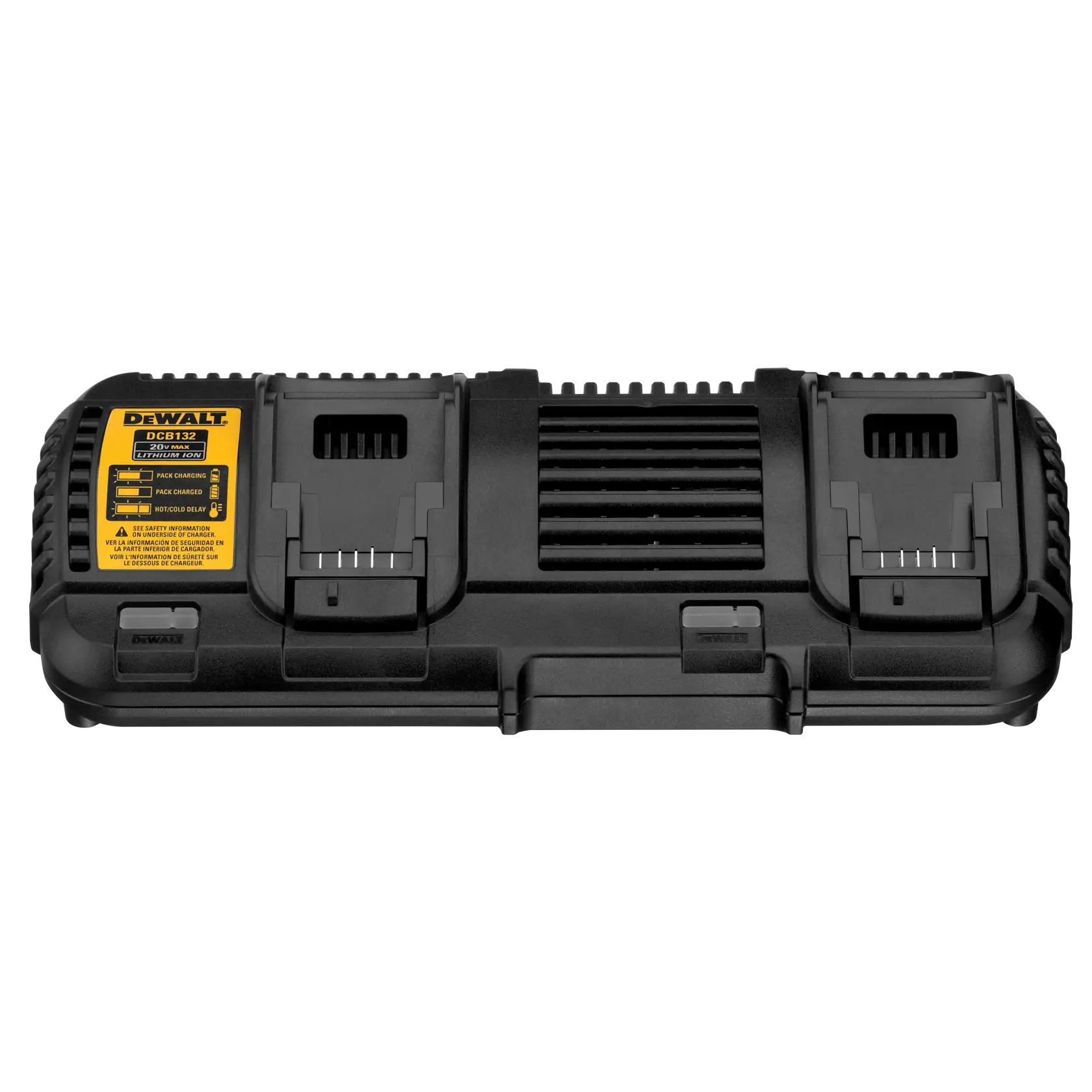 Front view of a DEWALT DCB132 dual battery charger, featuring two separate charging slots and a yellow product label on the left side, designed for charging lithium-ion batteries.