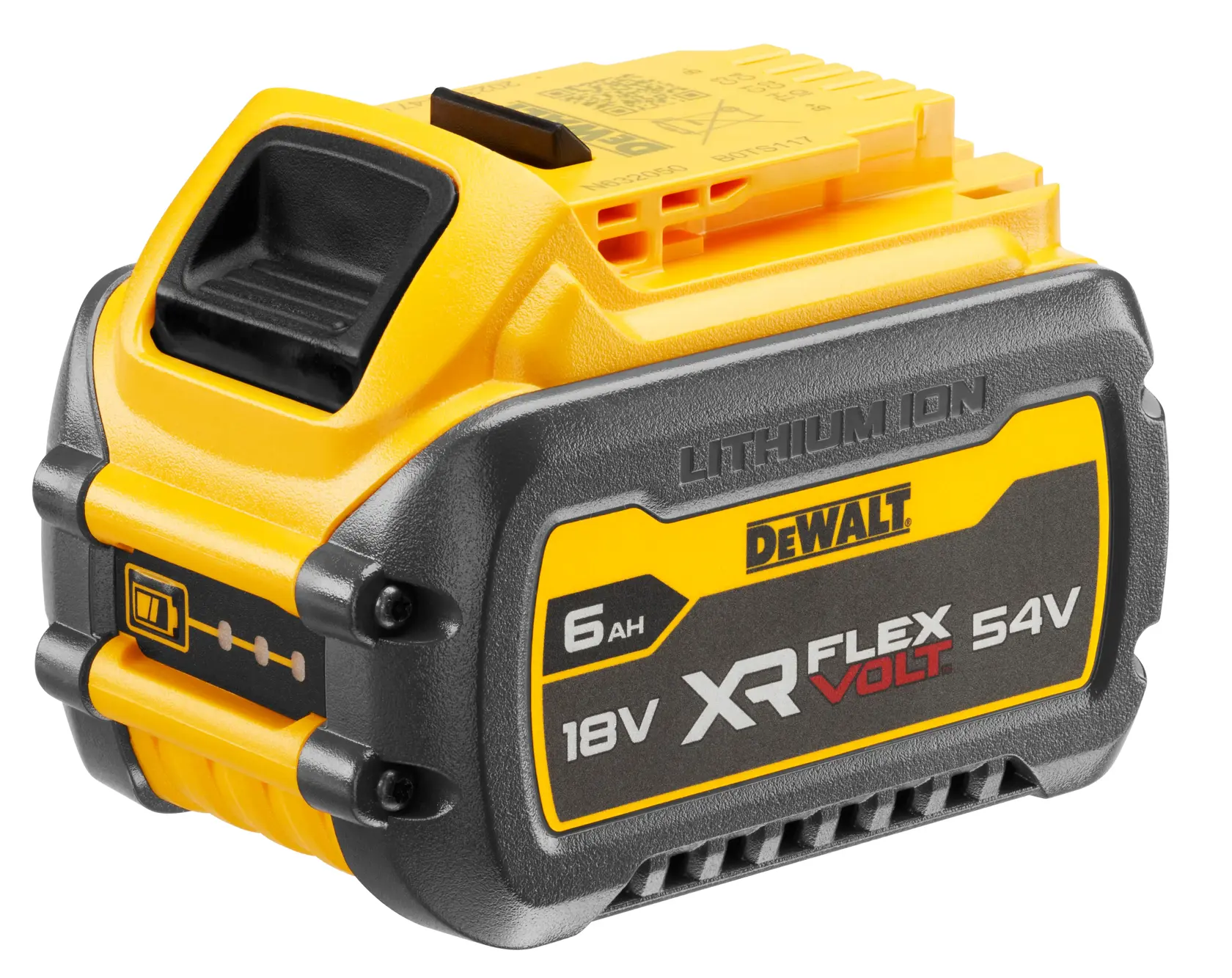 DEWALT XR FLEXVOLT 18V/54V 6Ah lithium-ion rechargeable battery, featuring a yellow and black casing with product branding and specifications on the side.