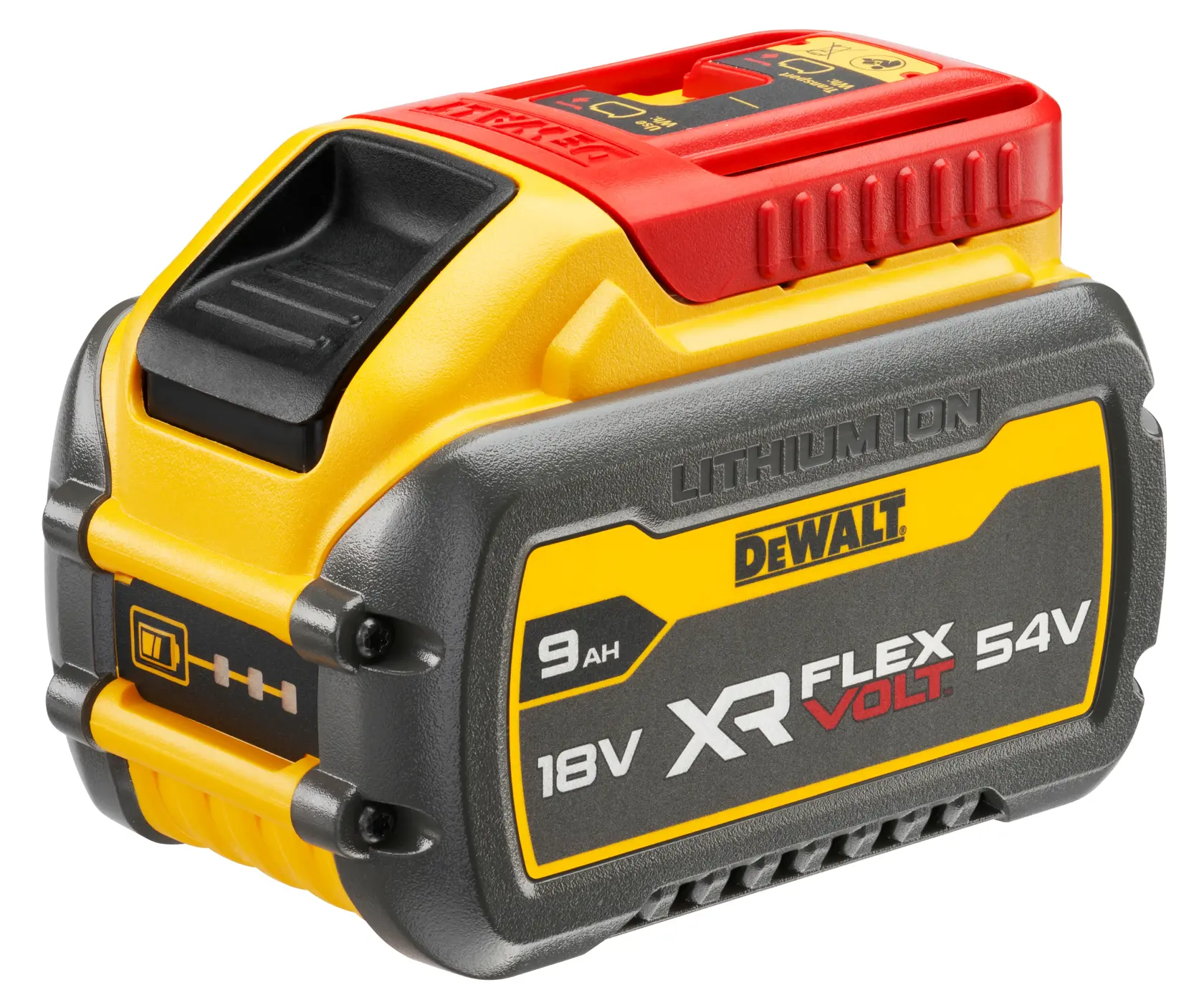 Logo DEWALT FLEXVOLT avec DEWALT en lettres jaunes et épaisses et FLEXVOLT en lettres blanches et rouges sur un fond noir.