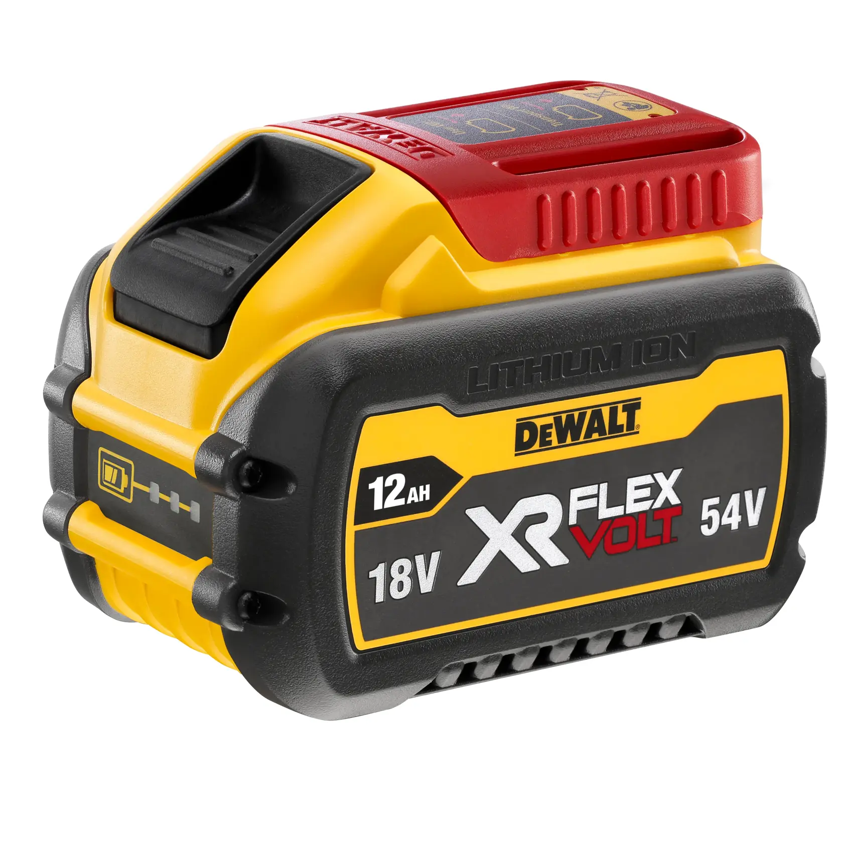 DEWALT FLEXVOLT Logo mit DEWALT in fettgedruckten gelben Buchstaben und FLEXVOLT in weißen und roten Buchstaben auf schwarzem Hintergrund.