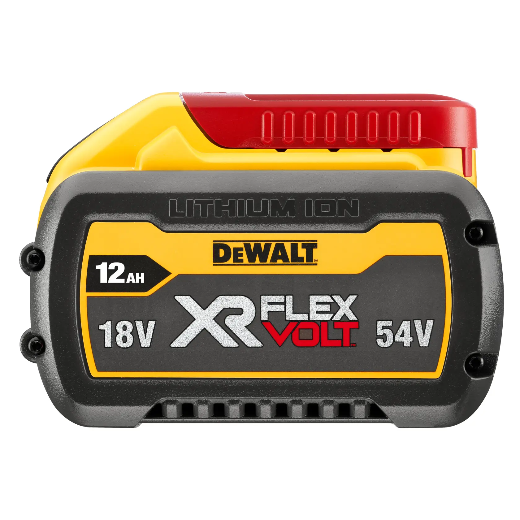 Logo DEWALT FLEXVOLT avec DEWALT en lettres jaunes et épaisses et FLEXVOLT en lettres blanches et rouges sur un fond noir.