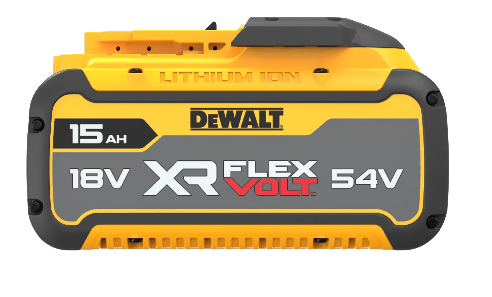 DEWALT FLEXVOLT Logo mit DEWALT in fettgedruckten gelben Buchstaben und FLEXVOLT in weißen und roten Buchstaben auf schwarzem Hintergrund.