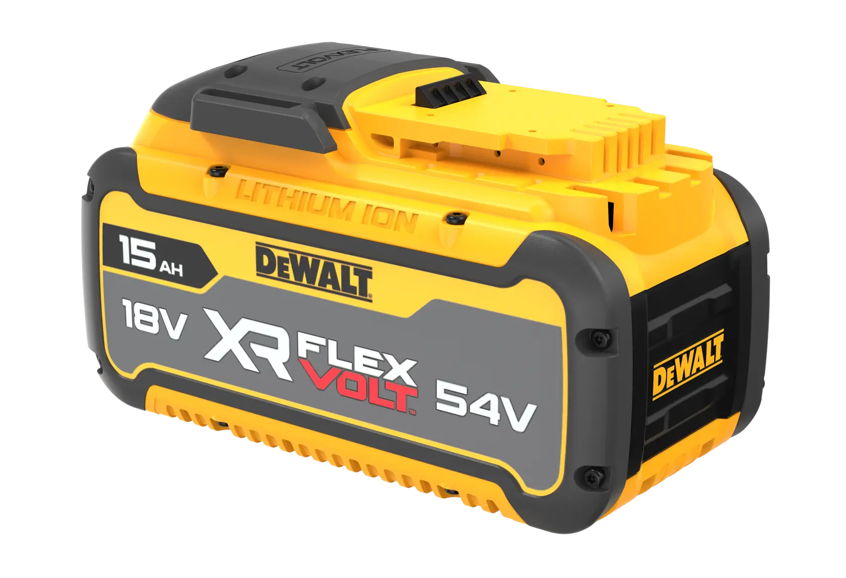 Logo DEWALT FLEXVOLT avec DEWALT en lettres jaunes et épaisses et FLEXVOLT en lettres blanches et rouges sur un fond noir.