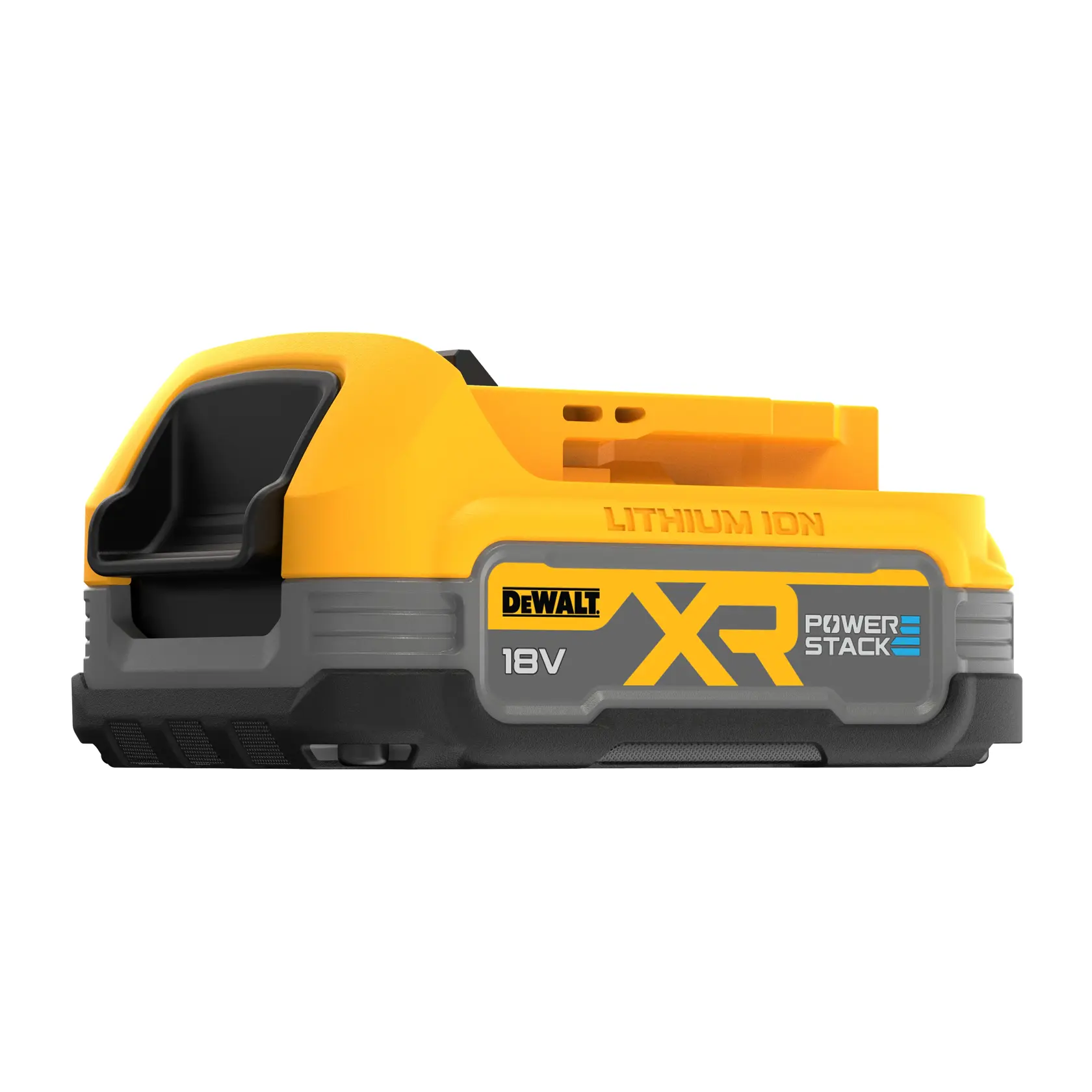 DEWALT XR POWERSTACK 18V lithium-ion battery pack, yellow and gray, shown on a white background.